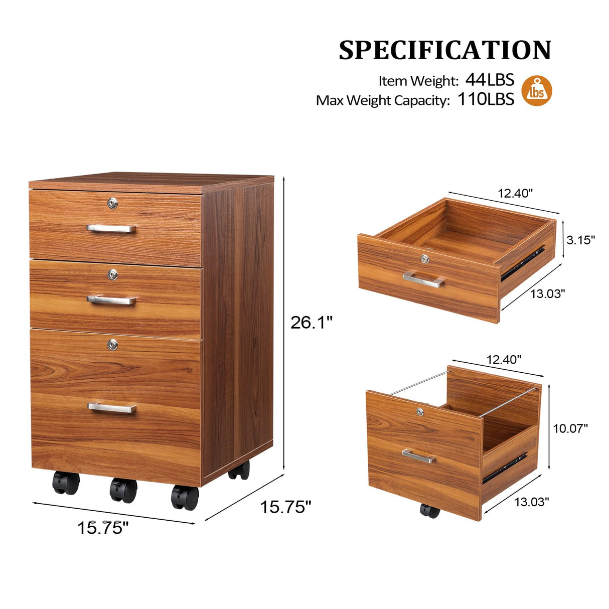 VINGLI 3-Drawer File Cabinet with Lock, Wood Rolling File Cabinet Under Desk File Cabinets for Home Office, Mobile Printer Stand & File Cabinet for Letter Sized Files, 26" H(Caster Included), Walnut VINGLI