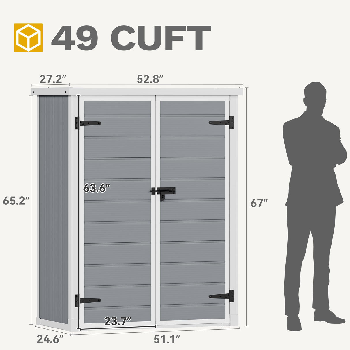 DWVO Outdoor Vertical Storage Shed with 2 Shelves, 49 Cu Ft Waterproof Resin Garden Shed with Floor & Lockable Door, Plastic Tall Tool Cabinet for Garbage Cans, Lawn Equipment, Garden Supplies (Gray) DWVO