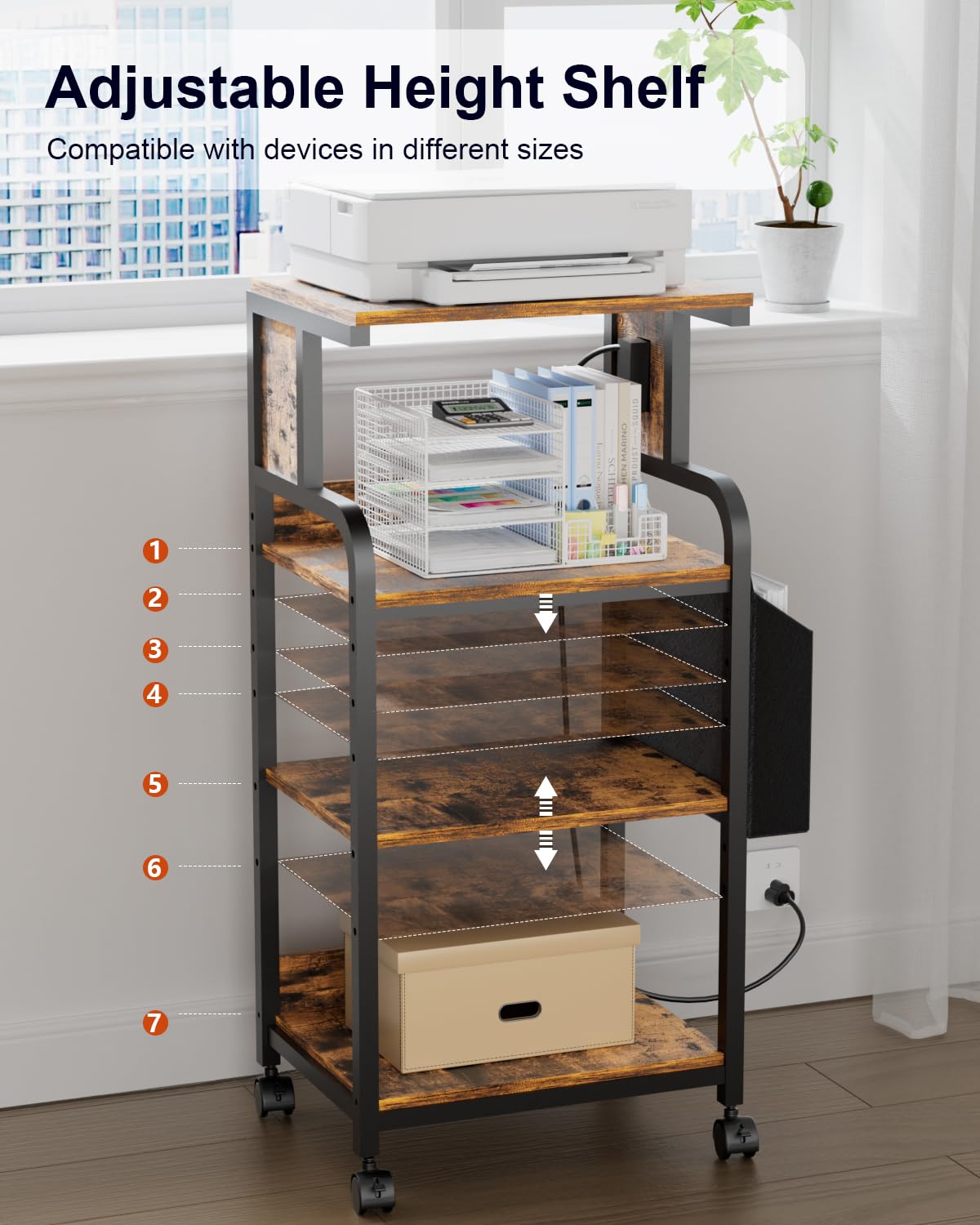 WTINAPIG Tall Printer Stand with Storage Adjustable Shelf and Bag, 4-Tier Large Printer Table with Charging Station for Home Office, Printer Cart with Wheels for 3D Printer Shredder Scanner Fax WTINAPIG