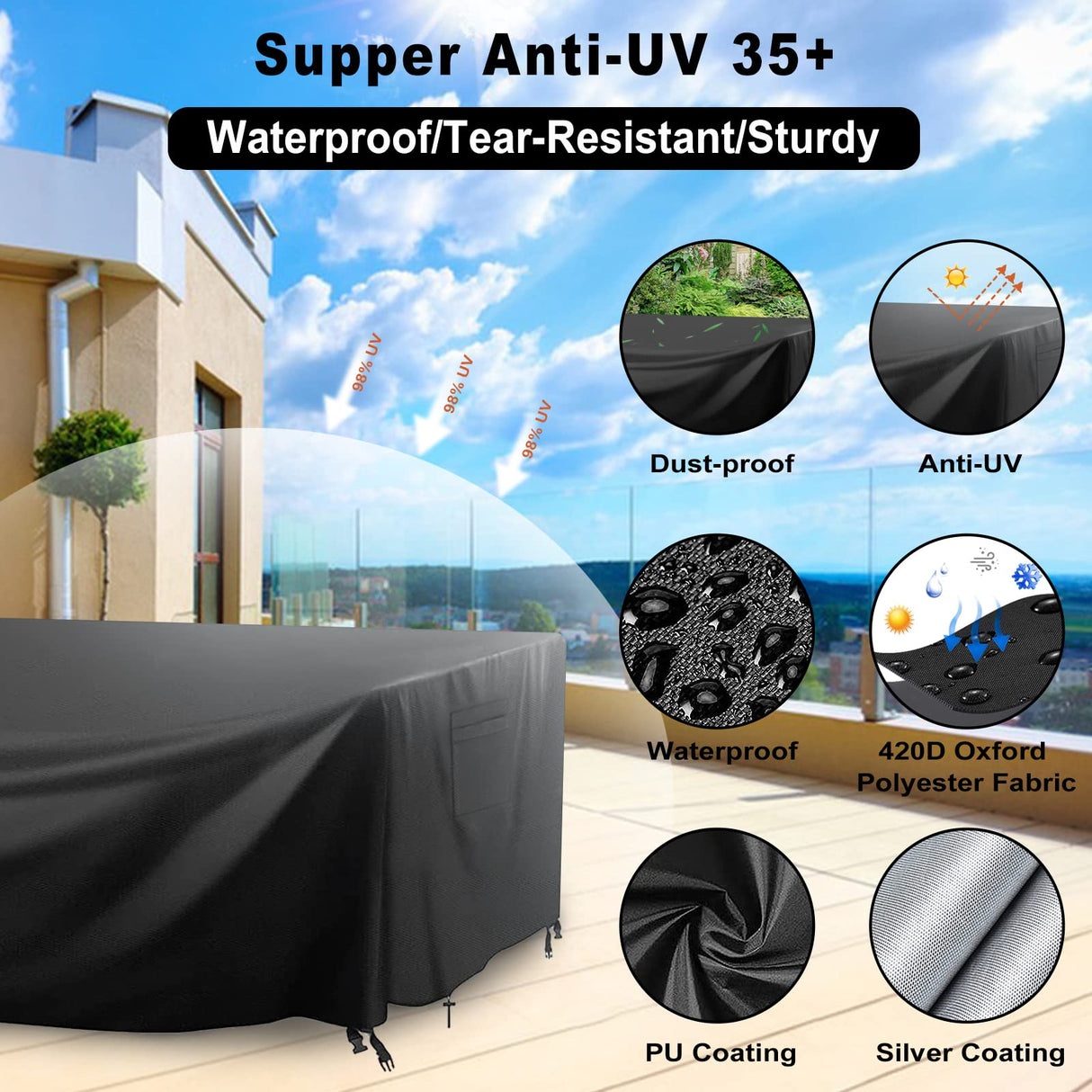 Patio Furniture Covers Waterproof, Outdoor Furniture Covers Rip-proof for Patio Furniture Set Table and Chairs, Windproof UV and Fade Resistant Outdoor Sectional Cover 74"L X 47"W X 28"H Lipneaed