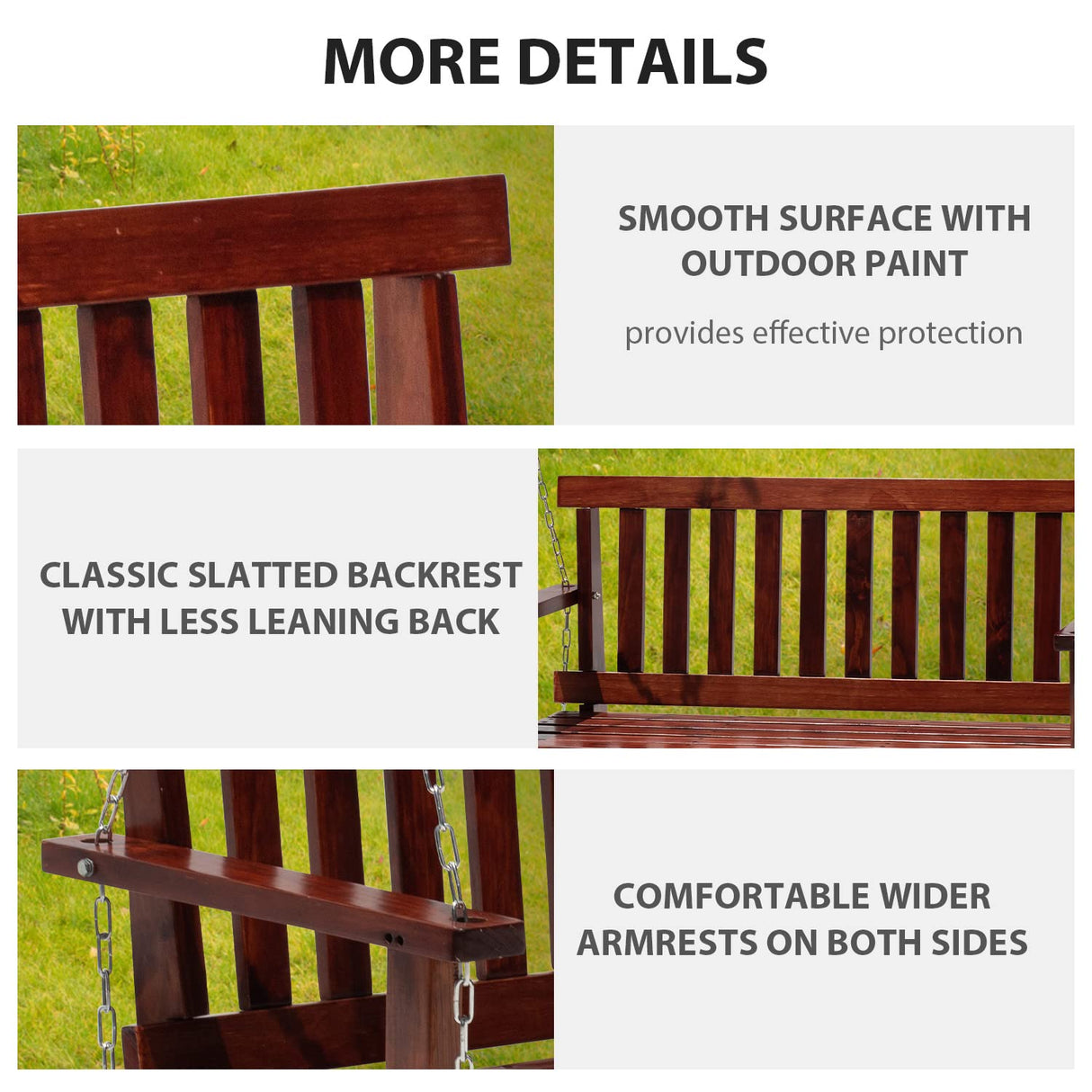 Wooden Porch Swing Chair for 2-Seater, Outdoor Patio Swing with Hanging Chains and Reclined Backrest for Yard Patio Garden, Swing Bench Hanging Swing Outdoor Swings for Adults, 800 lbs Capacity, Brown BIQWBIC