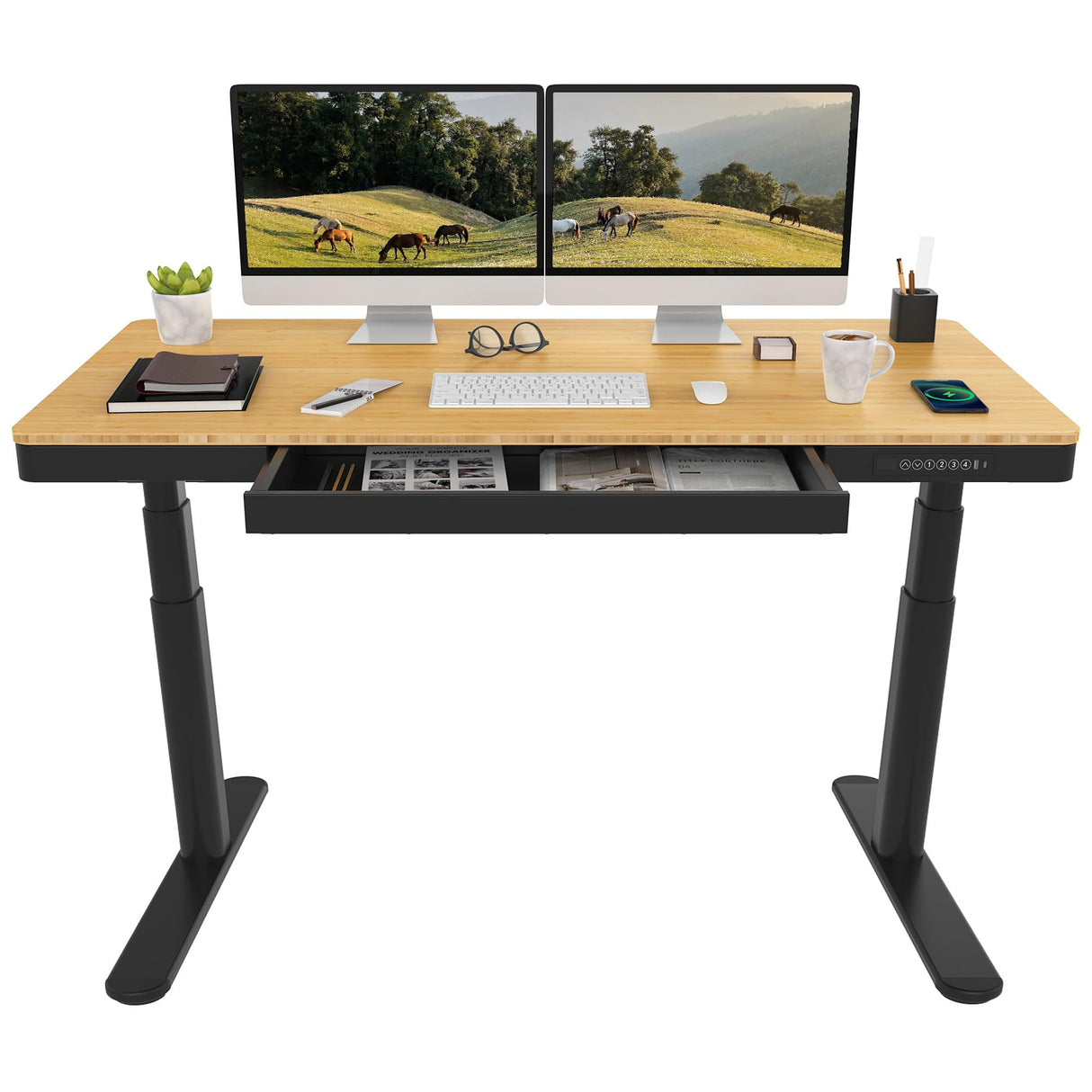 SANODESK Standing Desk with Drawer,Dual Motor 3 Stage Electric Height Adjustable Home Office Desk with Storage & Wireless Charging, 55 inch Bamboo Tabletop/Black Frame SANODESK