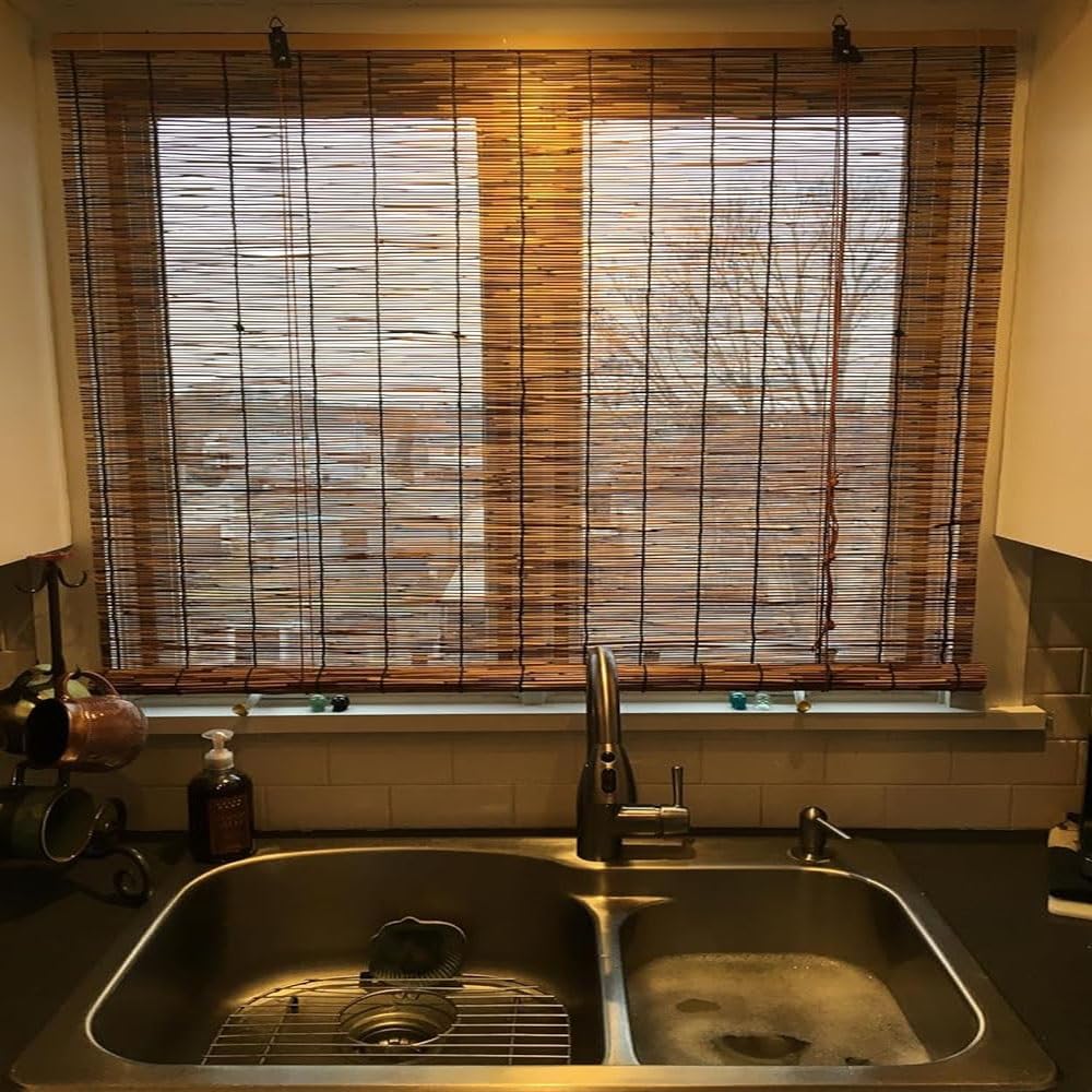 Bamboo Shades Blinds for Patio,Bamboo Roll Up Window Blind Natural Matchstick Sunshades,26" 30" 36" 44" 48" 52" 56" 60" 66" 72" 77" Wide Cordless Blackout Bamboo Roller Shade WZLSQLTY