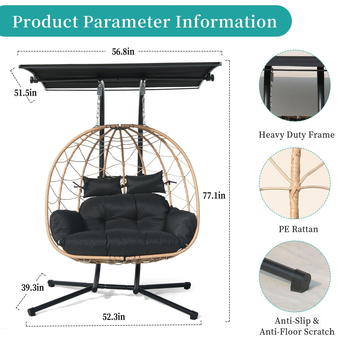 Double Egg Chair wth Stand Hammock Swing Chair Foldable Hanging Loveseat, Outdoor Hammock Egg Chair for Patio, Bedroom, Garden and Balcony (Black) VIXLON