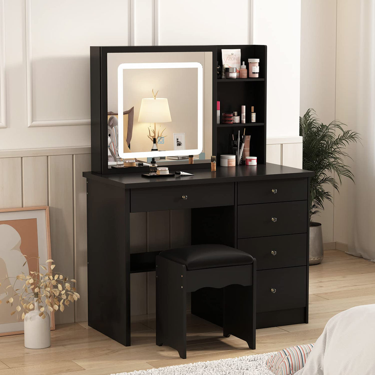 Homsee Vanity Desk Set Makeup Table with Large Sliding Lighted Mirror, Dressing Table with 5 Drawers, Storage Shelves & Cushioned Stool for Bedroom, Black Homsee
