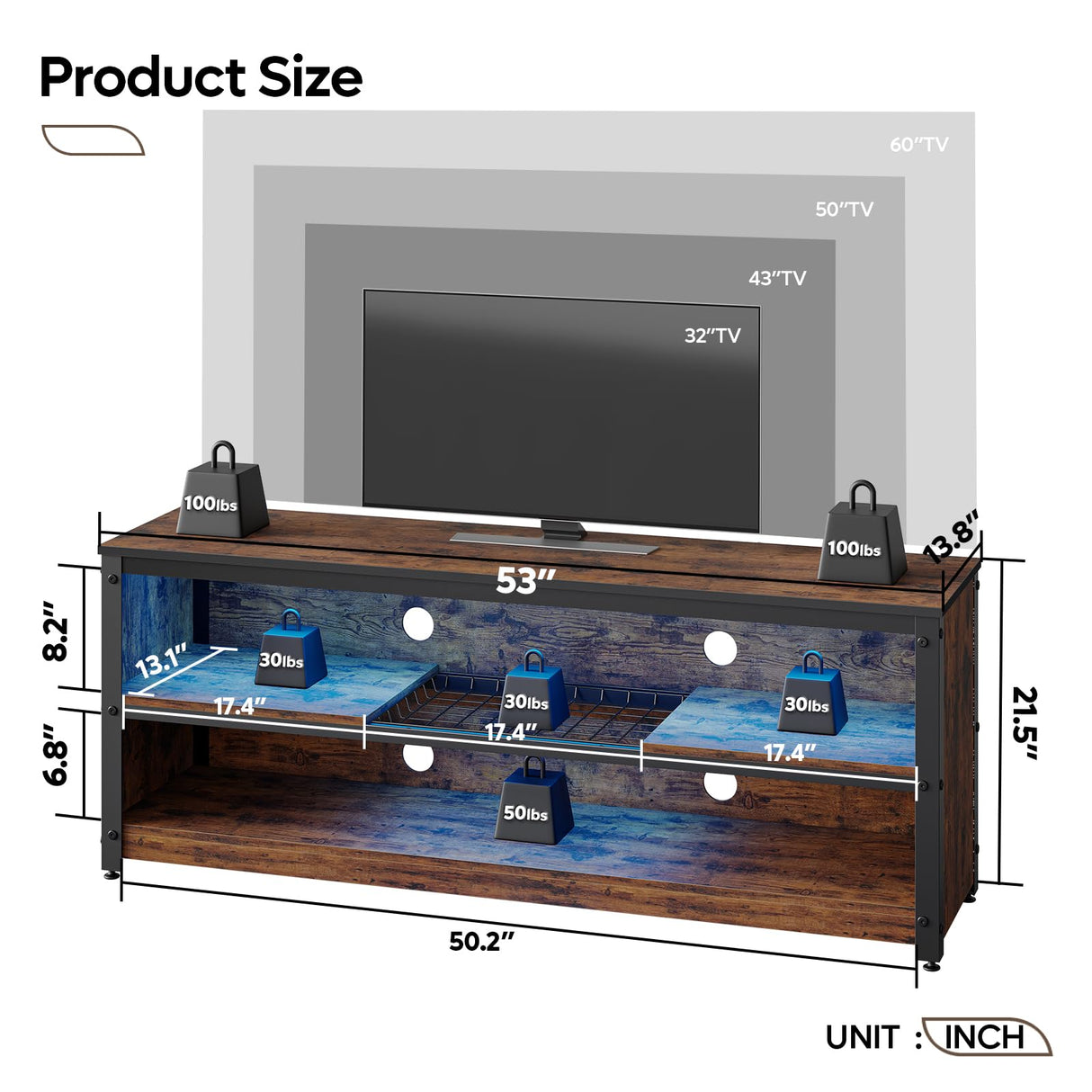 Bestier LED TV Stand for 55/60 Inch TVs, Gaming Entertainment Center with Adjustable Shelves, Modern Industrial Media Console with Storage Shelves for Living Room Bedroom, Rustic Brown Bestier