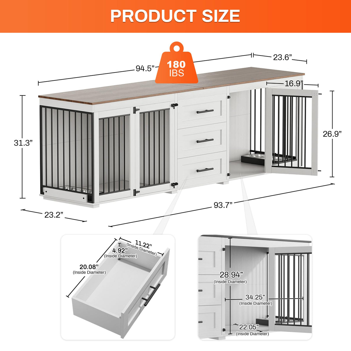 Rophefx 94.5" Dog Crate Furniture for 2 Dogs, Large Dog Kennel Furniture with 3 Storage Drawer, Wooden Dog Cage with 4 Bowls, Indoor Dog House TV Stand with Locks for Large Medium Dog, White Rophefx