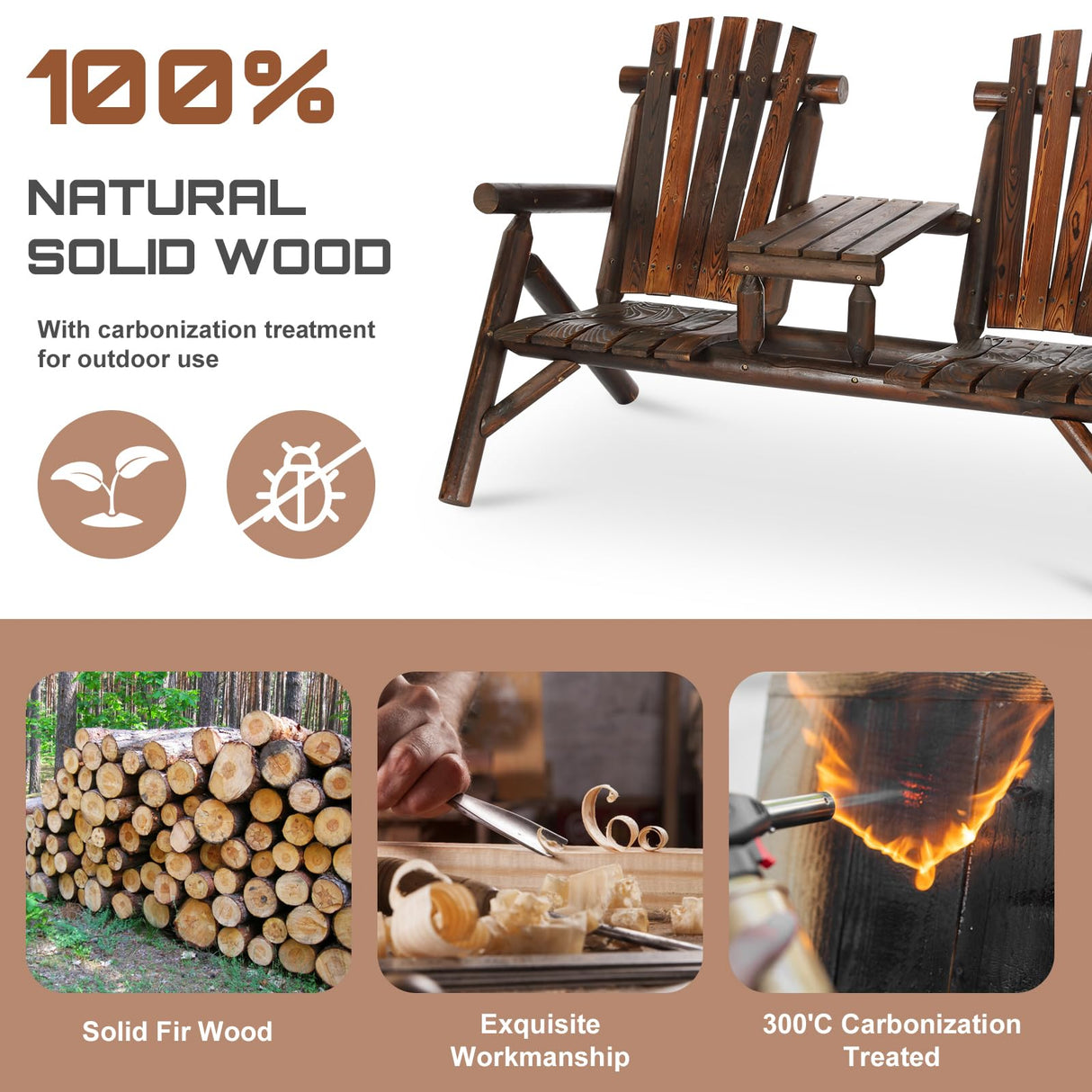 HOMEDIARY 2-Seat Wooden Adirondack Chair, Outdoor Log Patio Loveseat with Built-in Table, Patio Bench Fire Pit Chair Porch Furniture Conversation Set for Deck Lawn Pool Backyard, Carbonized HOMEDIARY