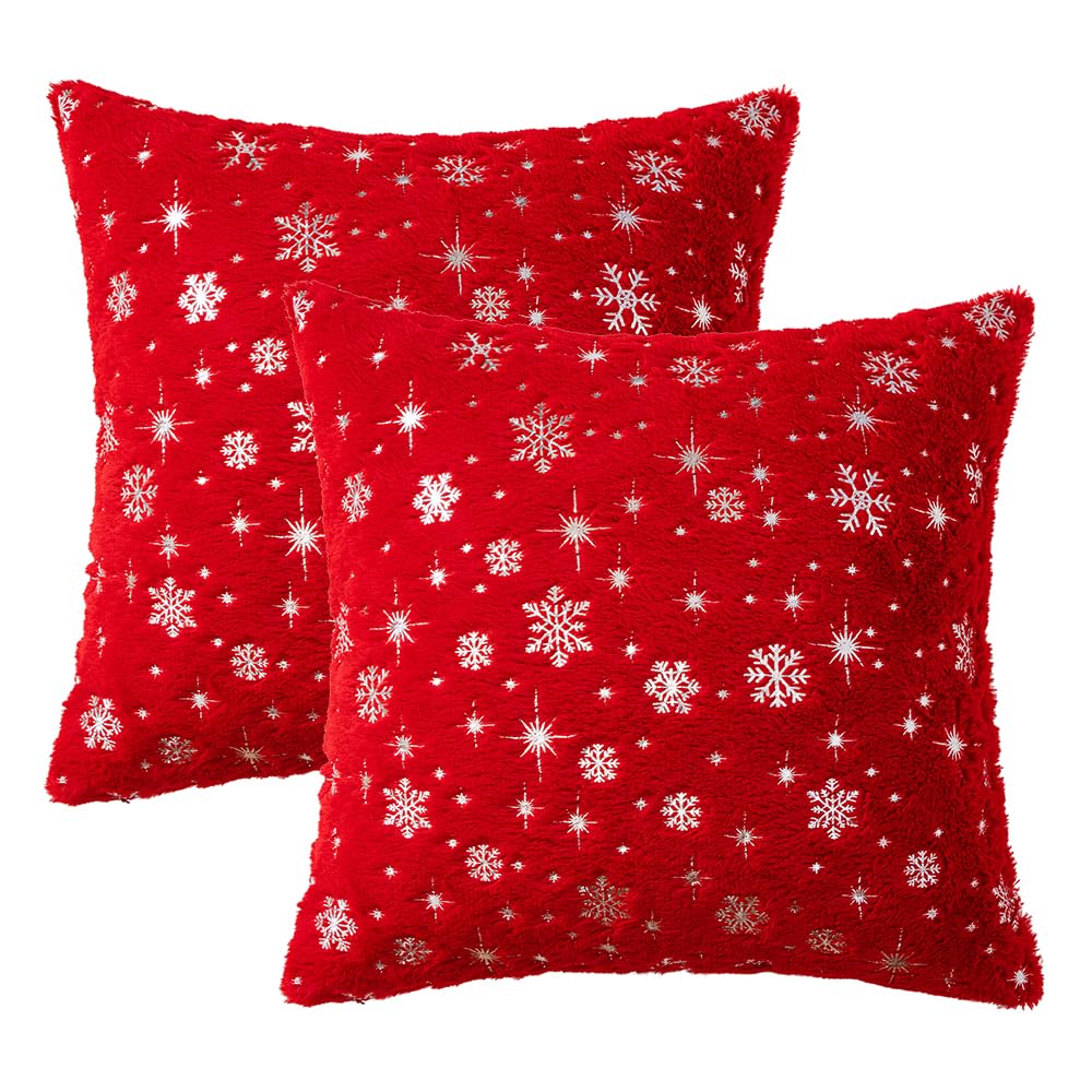 MIULEE Set of 2 Christmas Decorative Throw Pillow Covers Soft Faux Fur Winter Pillow Covers with Silver Snowflake Glitter Holiday Festival Pillowcases for Couch Sofa Bed, 18×18inch, Red MIULEE