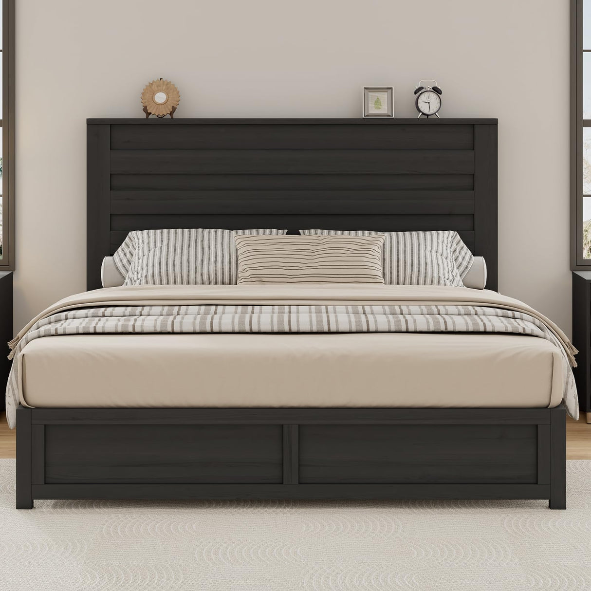 Albott Queen Size Farmhouse Bed Frame with 49" Headboard, Platform Bed Frame with Wood Slats Support/No Box Spring Needed/Easy Assembly, Black Albott