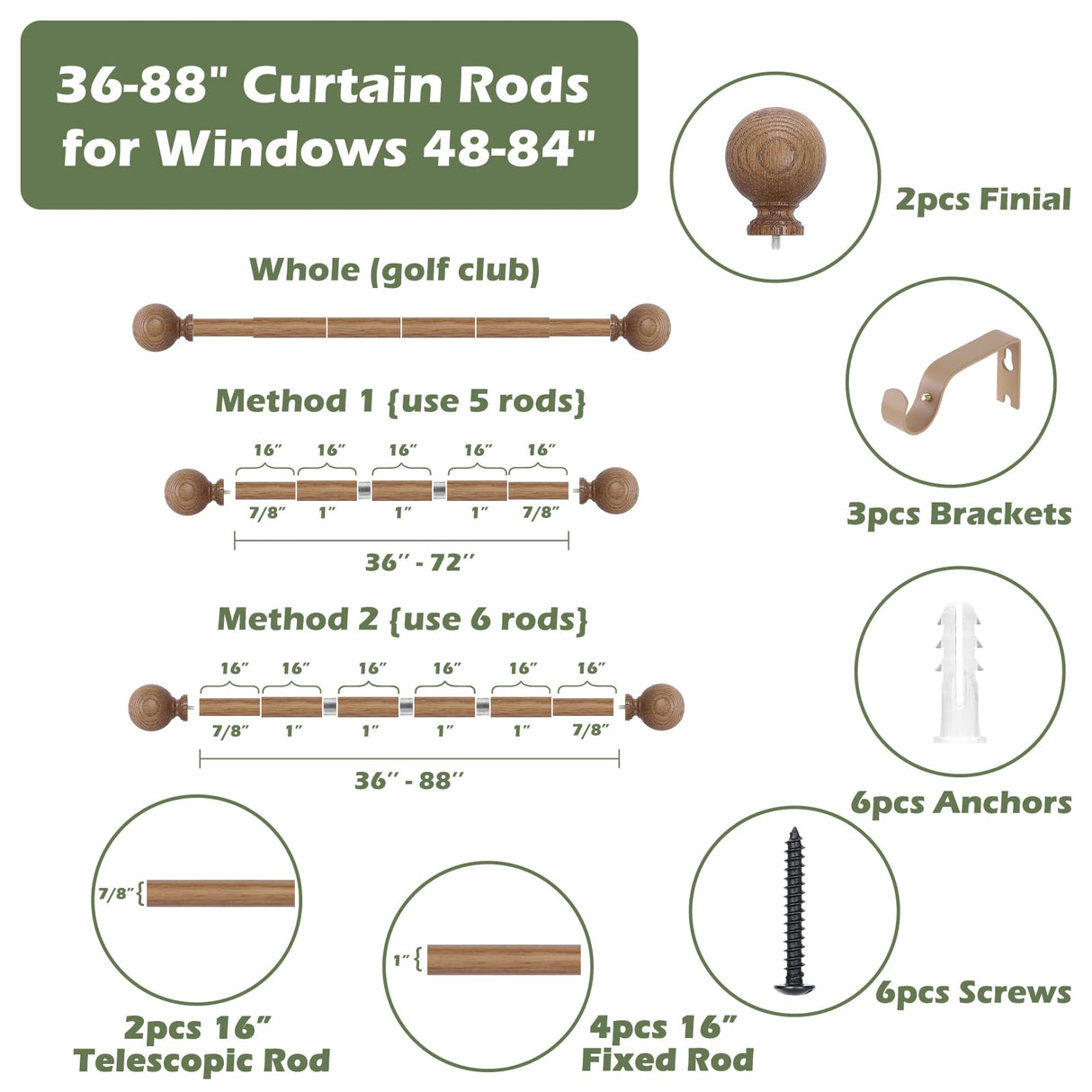 HTZON Wood Curtain Rods for Windows 48 to 84 Inch,1 Inch Wood Grain Ball Adjustable Curtain Rod,Boho Heavy Duty Curtain Rods,Farmhouse Rustic Single Window Curtains Rods,Brown Drapery Rods Set 36-88" HTZON