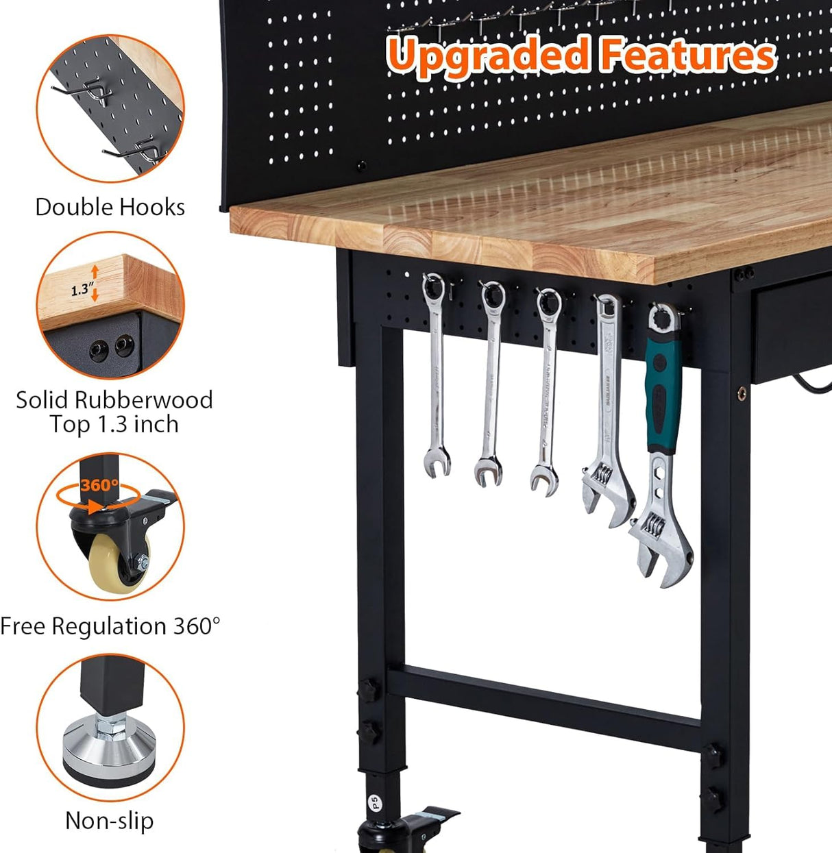 Workbench 60" x 22" Adjustable Height Worktable, Heavy Duty Rubber Wood Top, 2000 LBS Load Capacity, Tool Storage Workstation with Drawer, Pegboard, Power Outlets & Lockable Wheels, with Drawer Back IDEALHOUSE