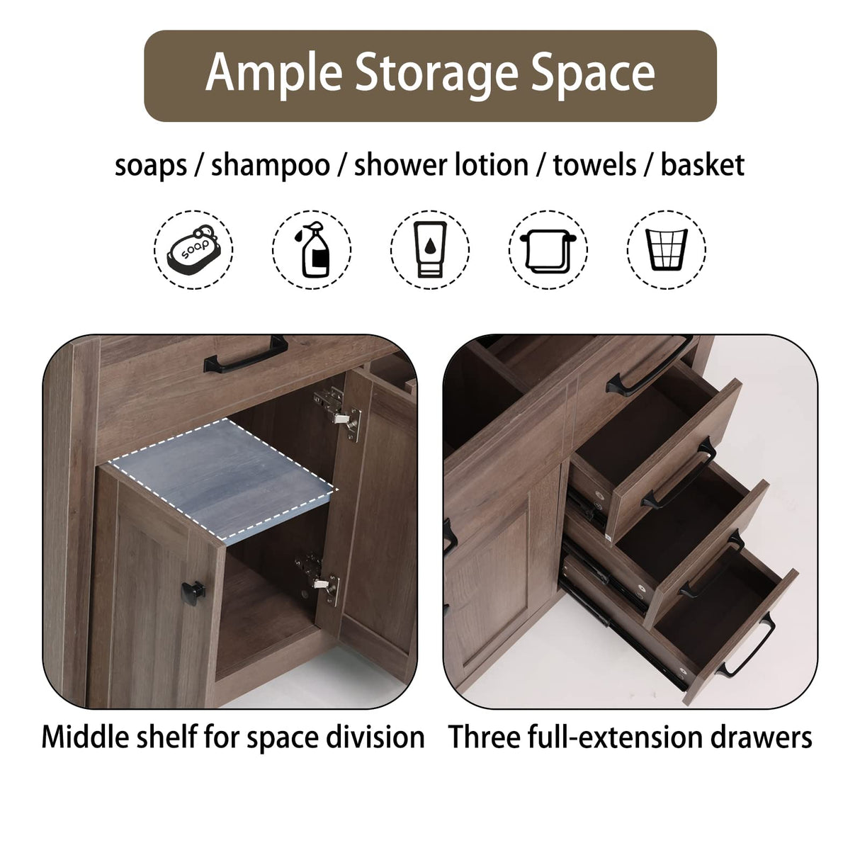 walsport 36 inch Bathroom Vanity with Ceramic Sink & Mirror, Wood Double Door Bathroom 5 Drawer Storage Vanity Combo Set, Brown walsport