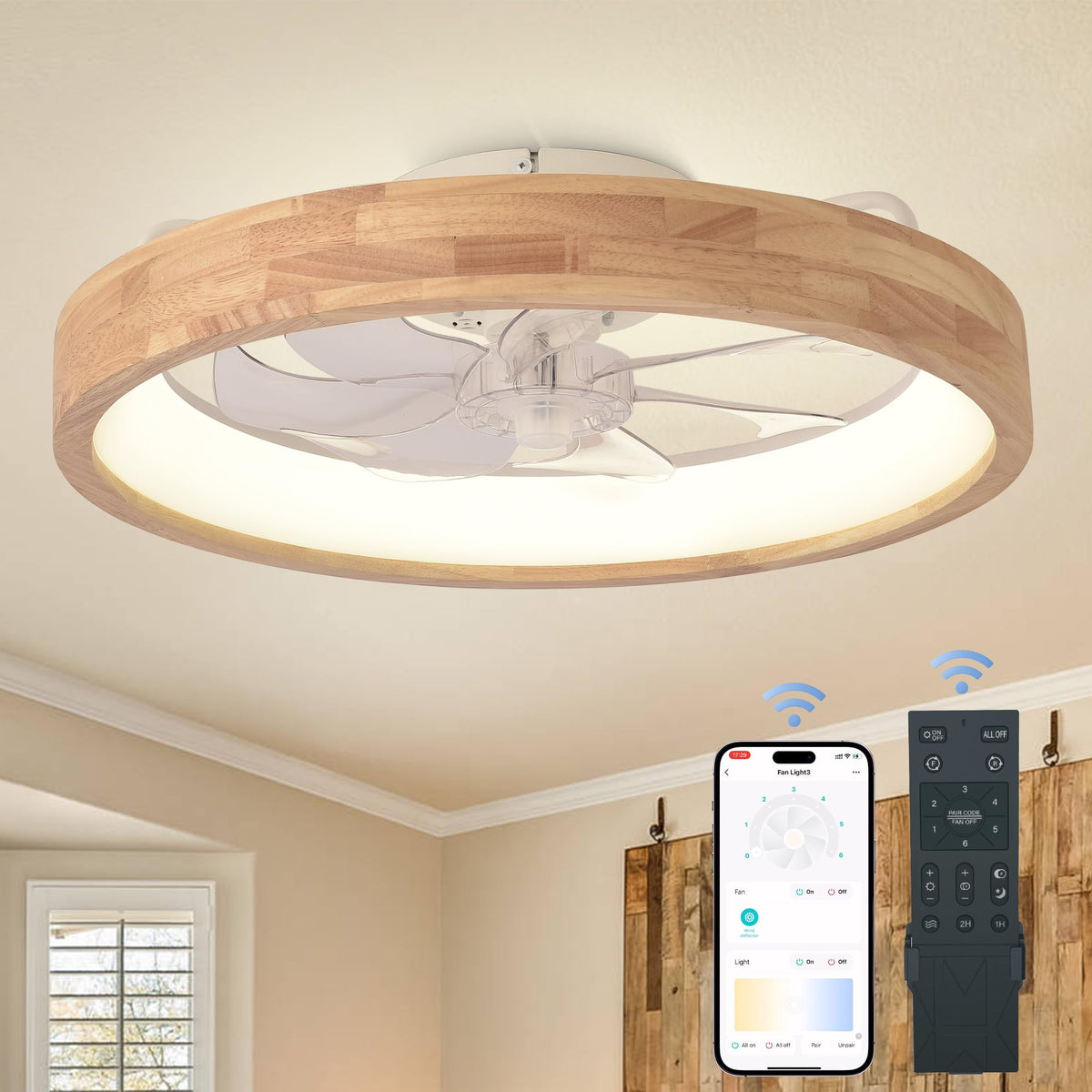 Oaks Aura 20” Ceiling Fan with Light, 3 Color Dimmable LED, 6 Speeds,Reversible DC Motor, Wooden Flush Mount Low Profile Ceiling Fans with Lights and Remote for Bedroom/Kidsroom/Dinng Room Oaks Aura