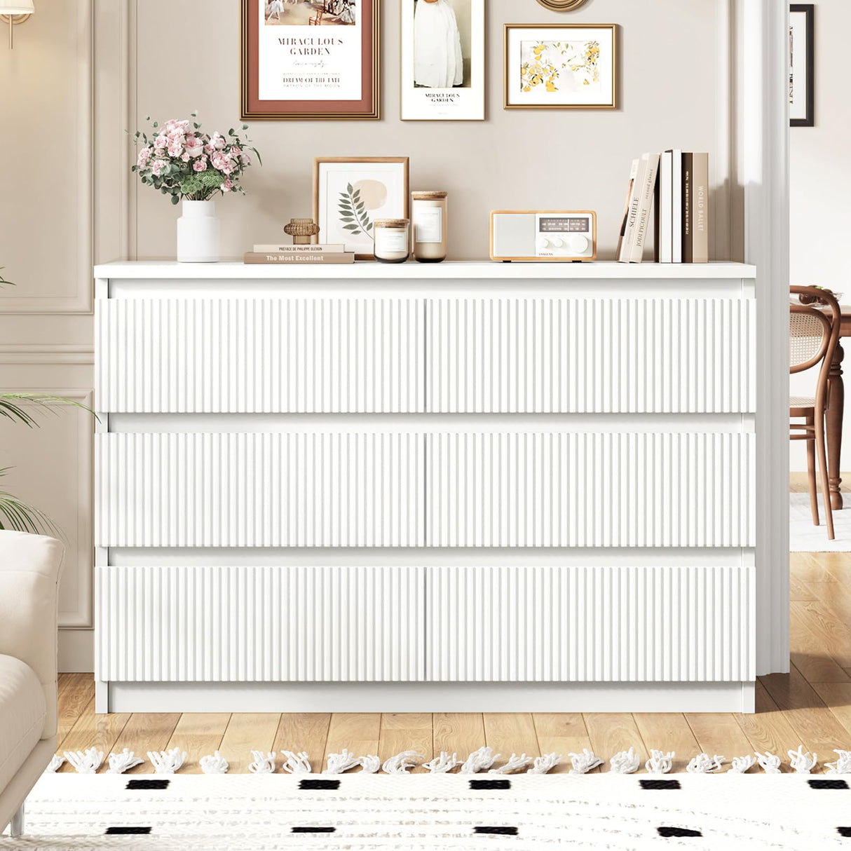 Jocoevol White Dresser 6 Drawer Dresser for Bedroom, Modern Fluted Dresser with Deep Drawers, Large Double Wooden Dresser Chest of Drawers for Living Room, Hallway, Entryway (White) Jocoevol