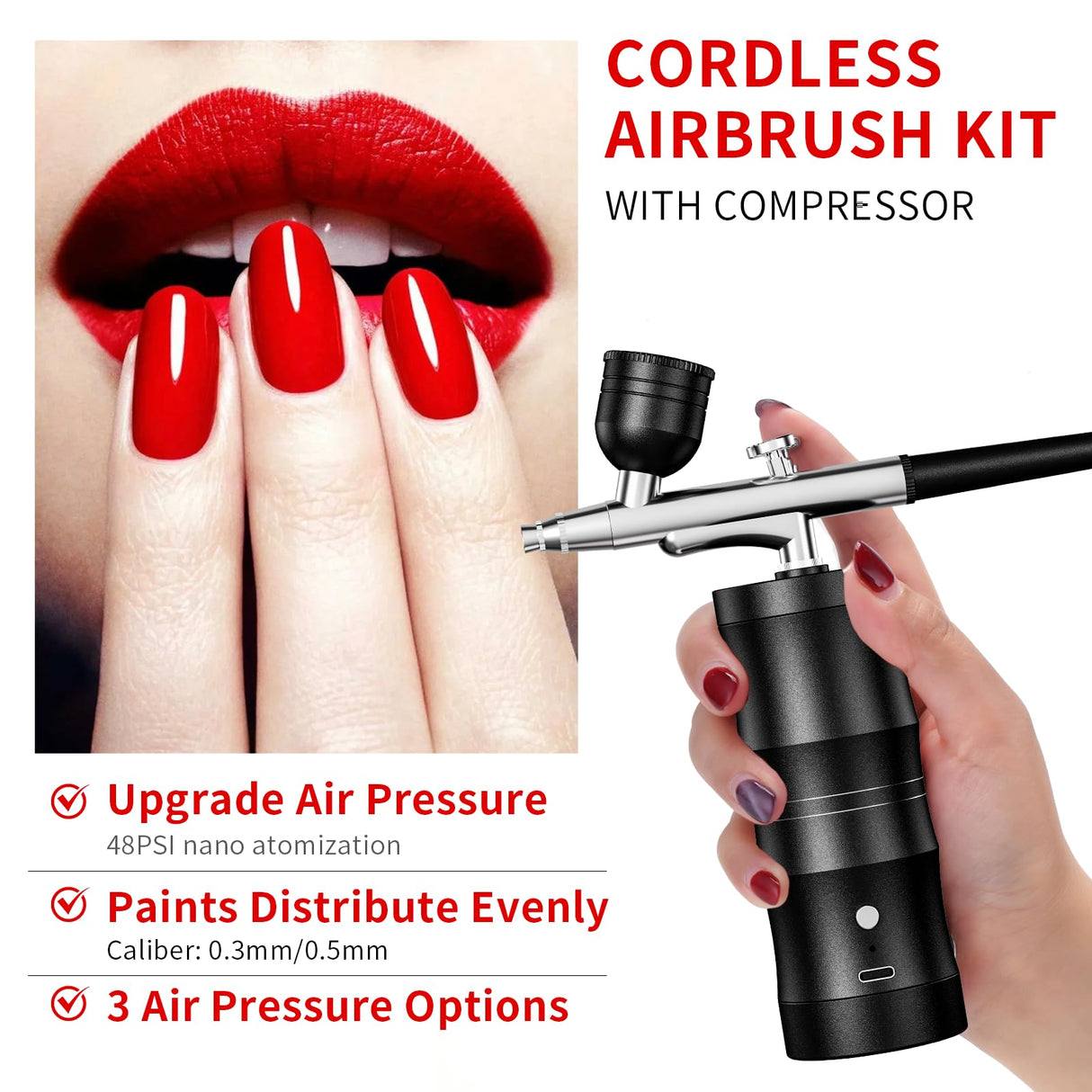 Airbrush Kit with Compressor Portable Airbrush Kit 48PSI High-Pressure Non-Clogging Air Brush Set Cordless Rechargeable with 0.3mm Nozzle and Cleaning Brush for Painting,Nail Art, Makeup (Black) CBVCBV