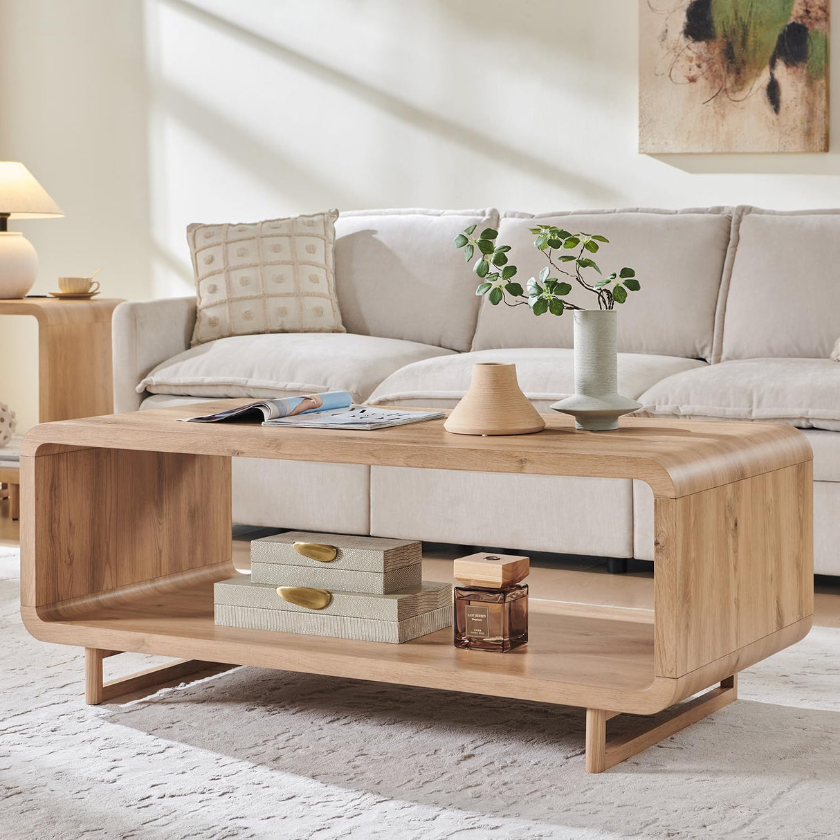 IFGET 48" Modern Coffee Table, 2-Tier Minimalist Center Table with Storage Shelf, Curved Profile Design, Wooden Rectangular Living Room Table w/Wood Thick Design for Living Room, Office, Natural Oak IFGET