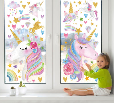 JarThenaAMCS Pink Watercolor Glitter Window Clings Double-Sided Cartoon Animal Rainbow Star Heart Diamond Window Decals Decor for Classroom Nursery Home, 15.7 x 11.8, 4 Sheet