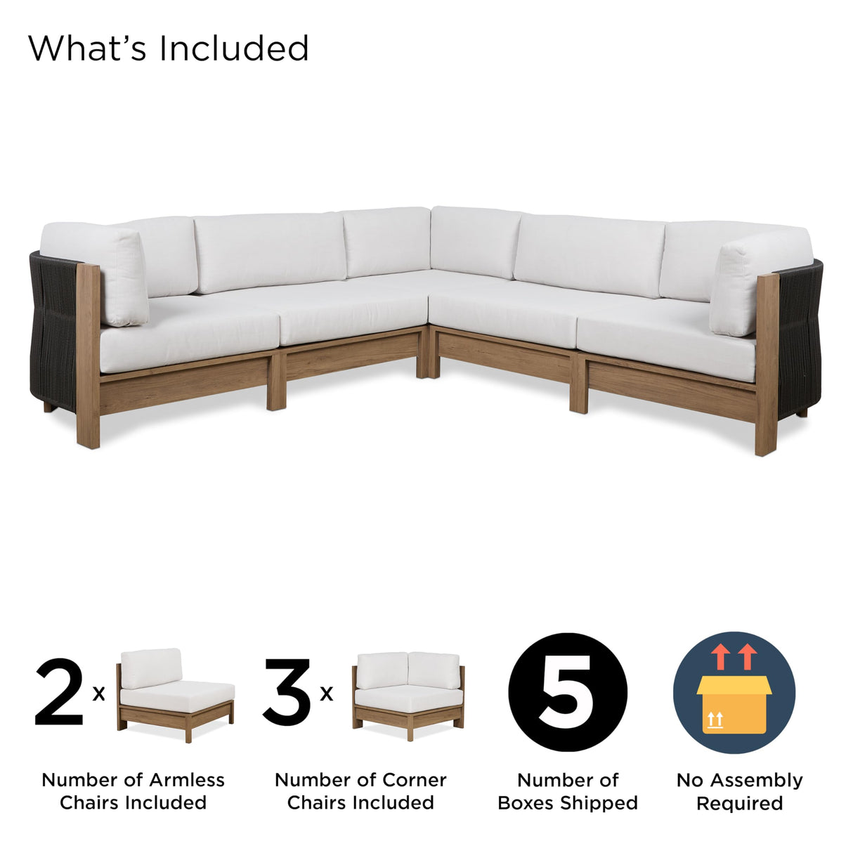 Real Flame Stratton 5 Piece Outdoor Patio Furniture Set, Sunbrella Fabric, Deep Seating Sectional Couch, Modular, Aluminum Frame, for Lawn and Backyard Real Flame