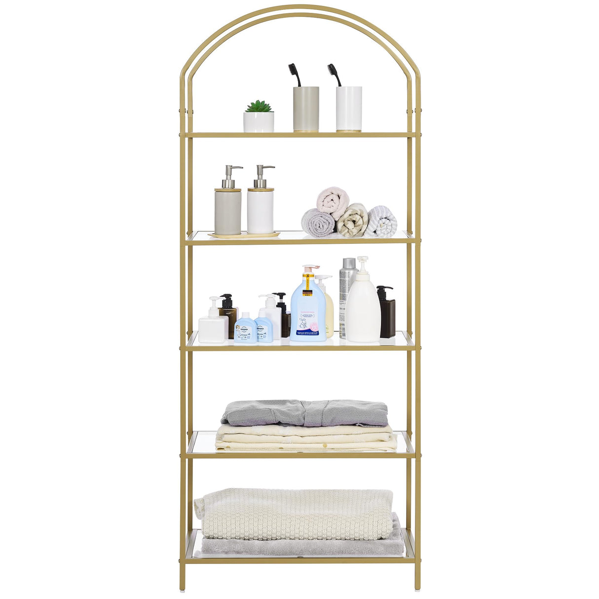 Homhedy Bookshelf Arched Display Racks,Metal Bookcase,Tempered Glass Shelves,Storage Rack Shelf for Home Office,Living Room,Bedroom, Bathroom,Modern Style (Golden, 11.8" D x 23.6" W x 62.2" H) Homhedy