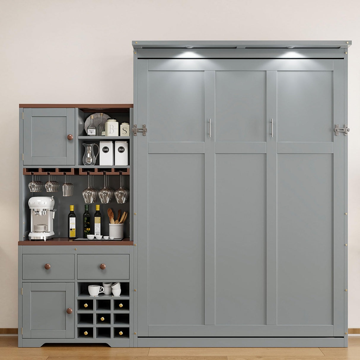 Merax Murphy Bed with Storage Cabinet, Wine Rack, Glass Holder, Drawers and Multi-Color LED Strip, Queen Size, Gray Merax