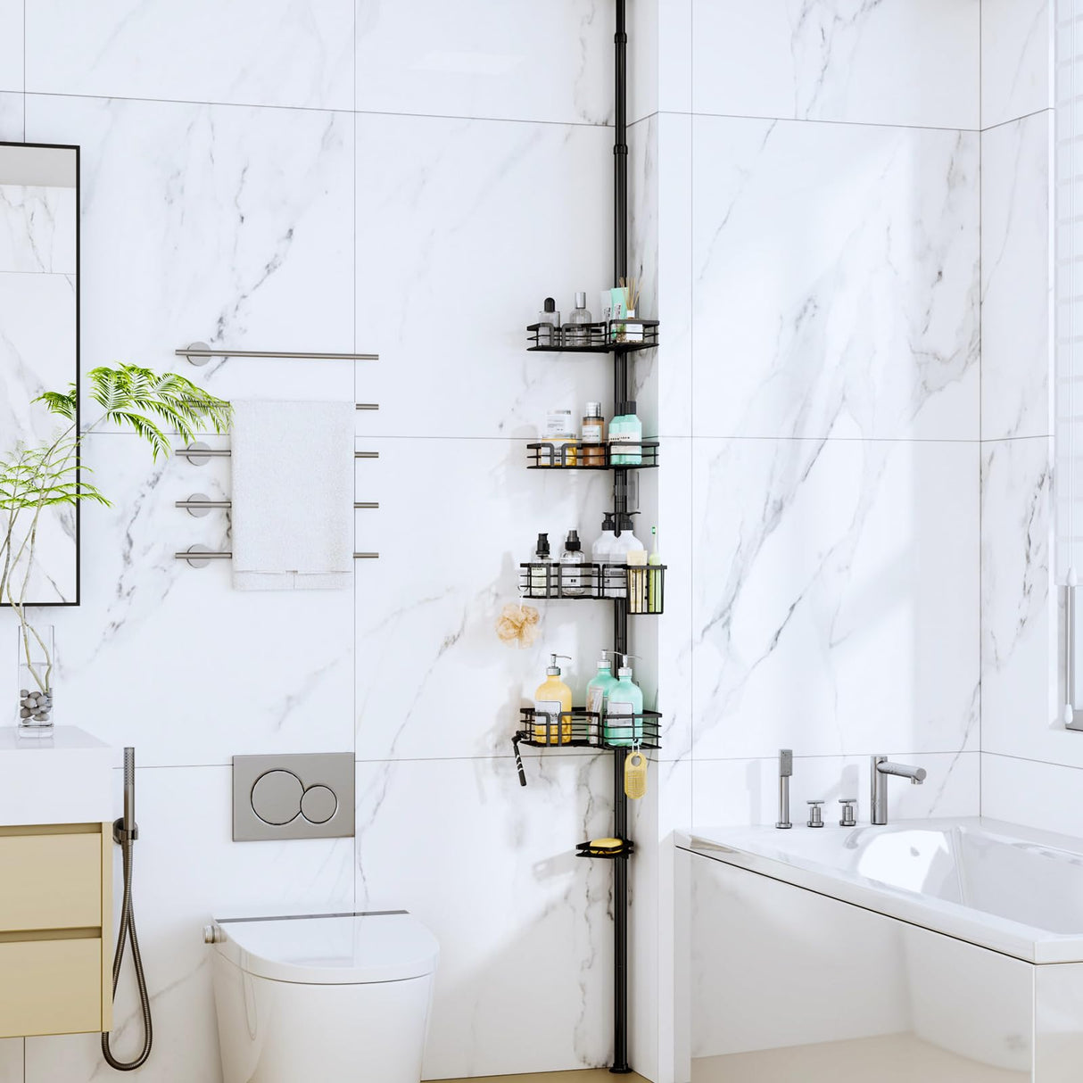 SWTYMIKI Shower Caddy Tension Pole - 4-Tier Corner Shower Organizer Tension Rod with Soap Holder, Toothbrush Holder & 4 Hooks, Adjustable Stainless Steel Bathroom Organizer 27.6 to 108.3 inch, Black SWTYMIKI