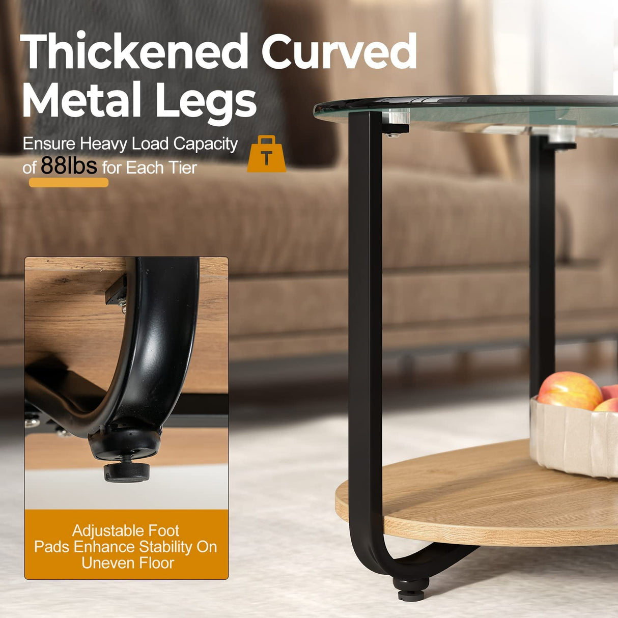 Tangkula Glass Coffee Table, 2 Tier Oval Tea Table with Tempered Glass Tabletop and Wooden Shelf, Modern Glass Sofa Center Table for Home Office, Metal Legs, Home Decor Accent Cocktail Table Tangkula