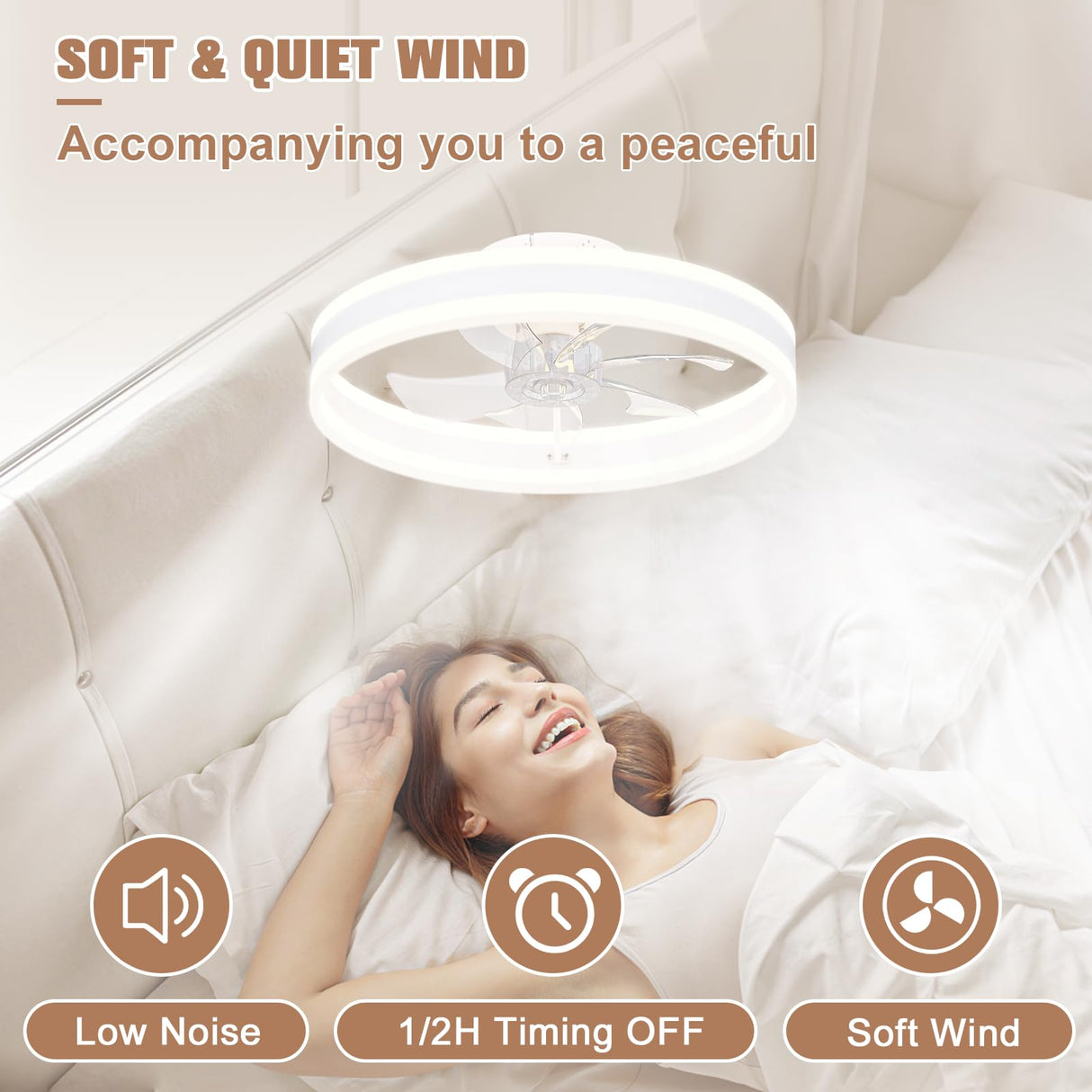 VOLISUN Fandelier Ceiling Fans with Lights and Remote, 15.7in Low Profile Ceiling Fan Flush Mount, 3000K-6500K Dimmable Bladeless LED Fan Light, White Modern Ceiling Fans with Lights for Bedroom VOLISUN