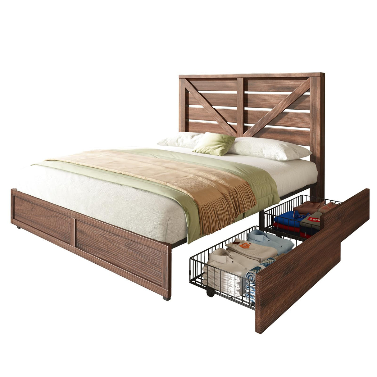 AMERLIFE Full Size Farmhouse Bed Frame with 4 Drawers, Wooden Storage Bed Frame with Headboard and Heavy Duty Metal Slats, Noisy Free, Easy Assemble, Rusric Brown AMERLIFE