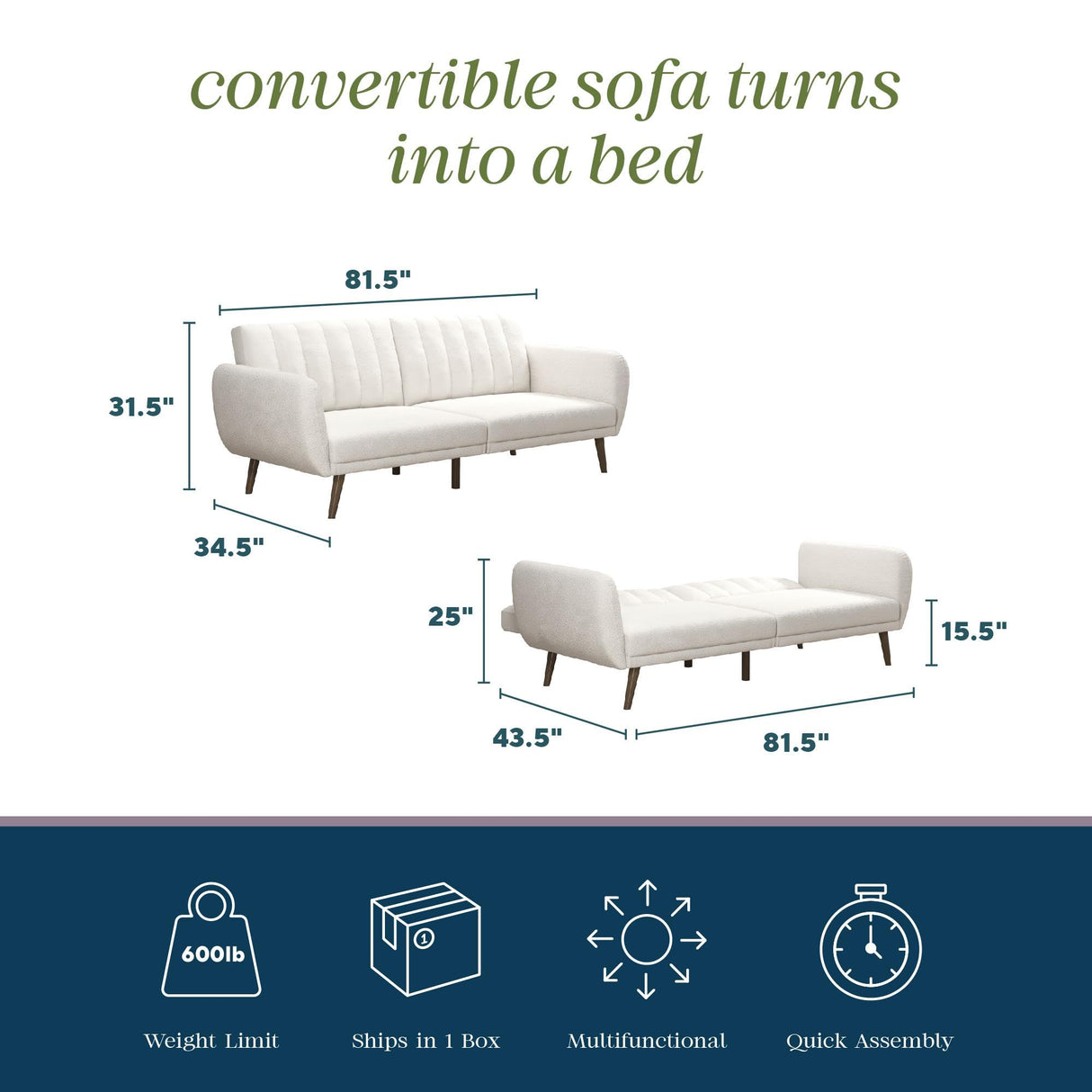 Novogratz Brittany 81.5" Futon Sofa Bed and Couch Sleeper, Ivory Boucle Novogratz