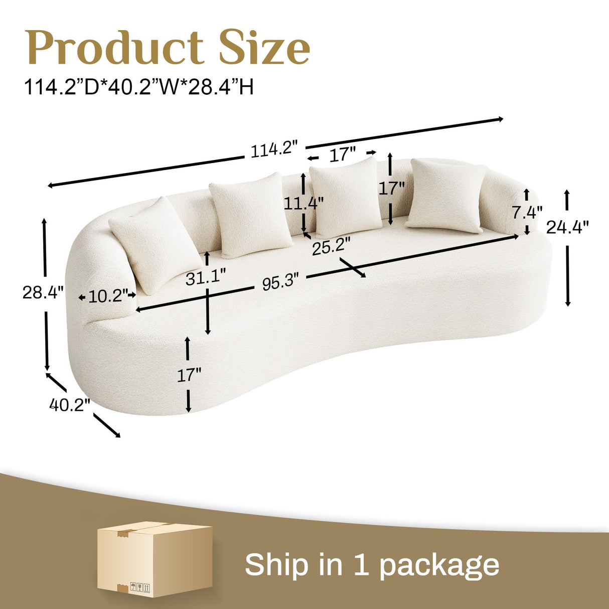 114" Oversized Sectional Sofa for Living Room, Modern Luxury Plush Chenille 4-Seater Extra Deep & Wide Seat Curved Cloud Couch with 4 Throw Pillows, No Assembly Needed, Cream White DAMAIFROM