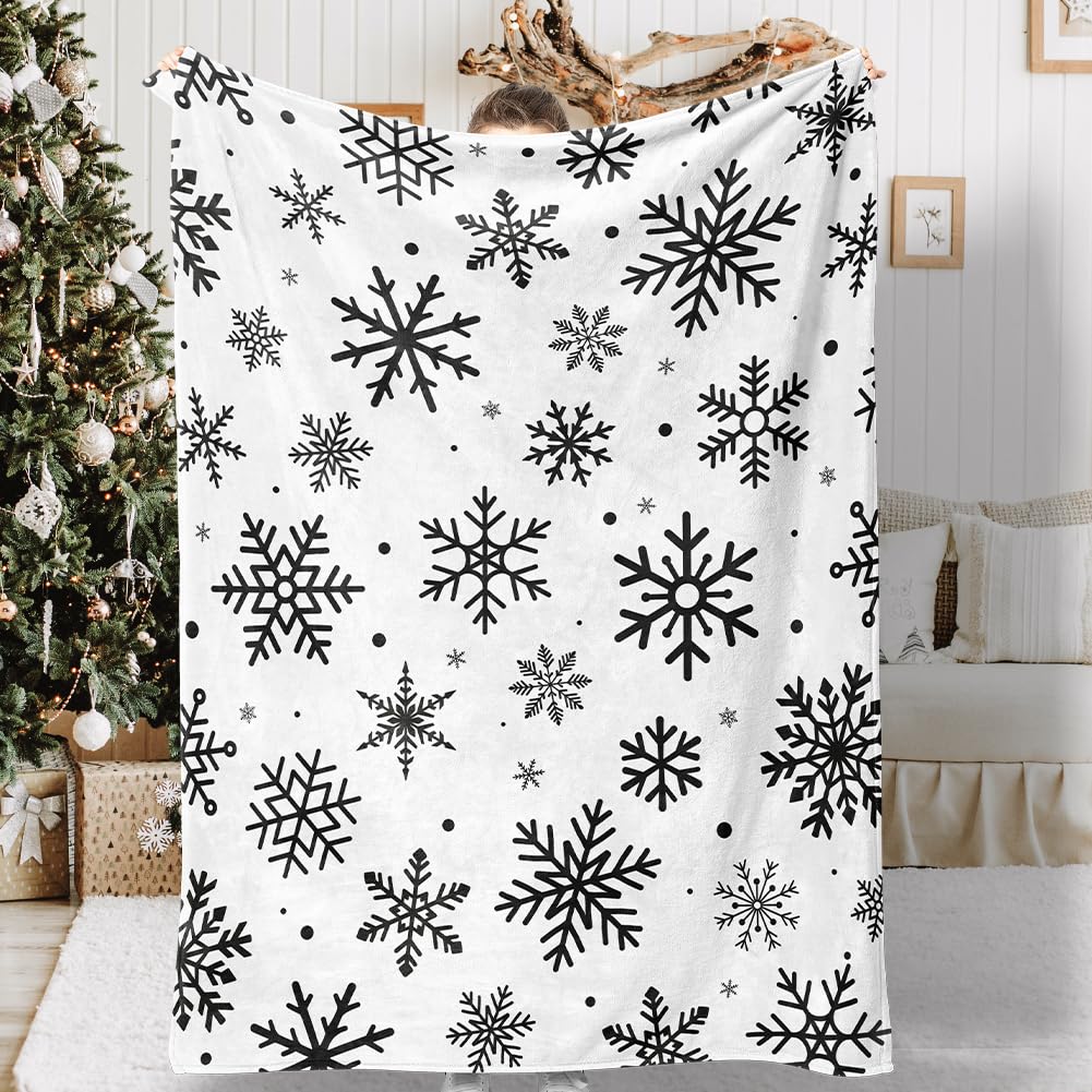 Christmas Snowflake Blanket Ultra Soft Winter Holiday Throw Blanket Xmas Idea Gifts Flannel Fleece Bed Blankets Lightweight Warm Cozy Fuzzy Plush Cabin Throw for Sofa Couch, Black White, 50" X 60" Yersion