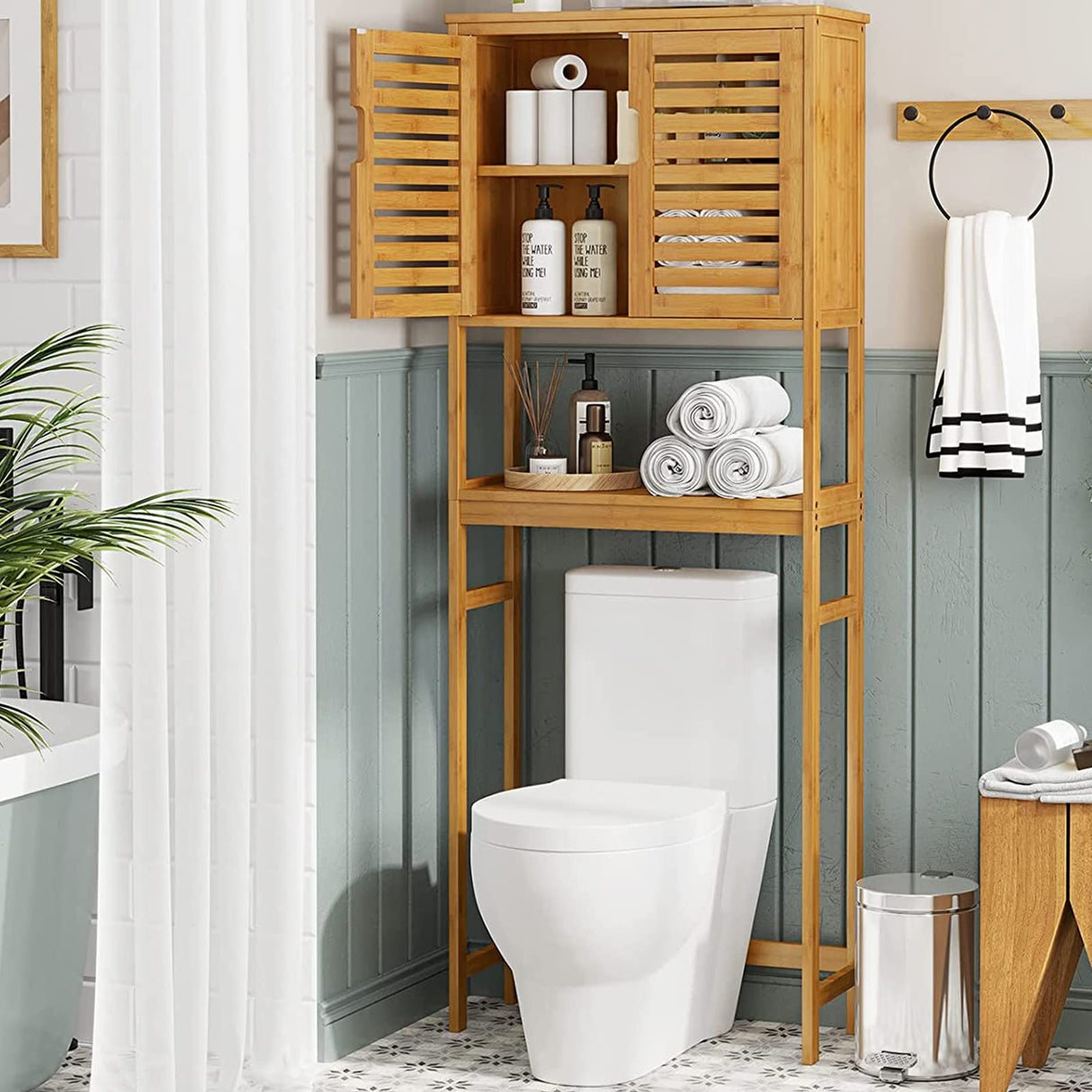 VIAGDO Natural Bamboo Over The Toilet Storage Cabinet with Adjustable Shelves and Doors VIAGDO