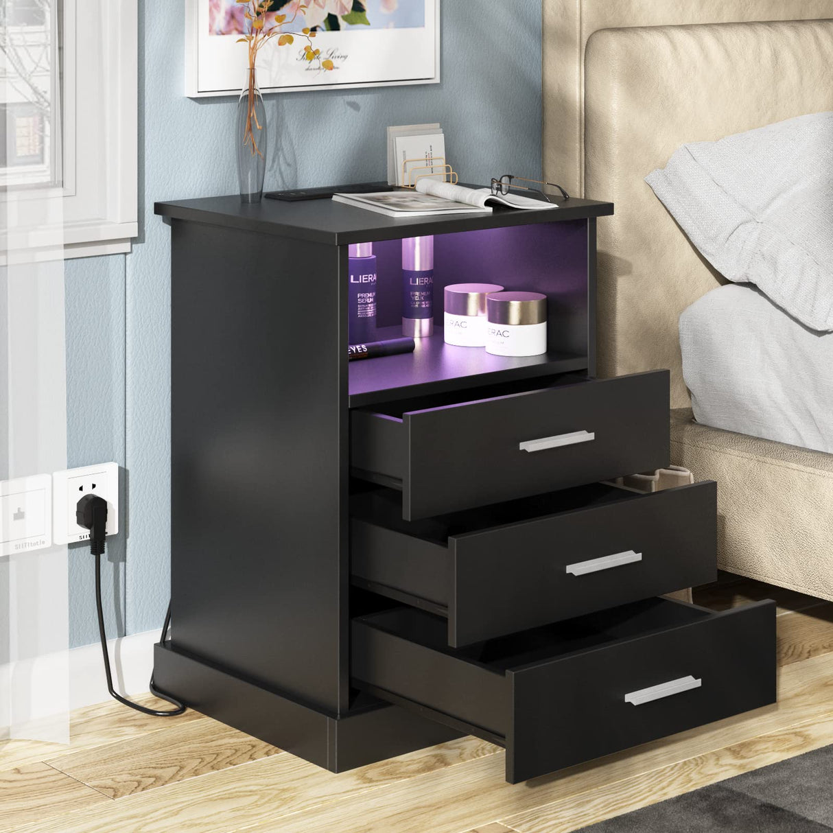 Halitaa Black LED Nightstand with Charging Station, Side Table with 3 Drawers and Light, End Table with Open Storage, Beside Cabinet for Bedroom (Black 2 set) Halitaa