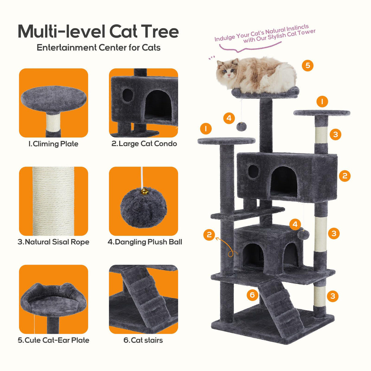 Cat Tree, 54-Inch Cat Tower for Indoor Cats with Sisal Scratching Post, Cat Play House, Large Kitty Condo, Plush Multi-Level with Climbing Ladder Aidoly