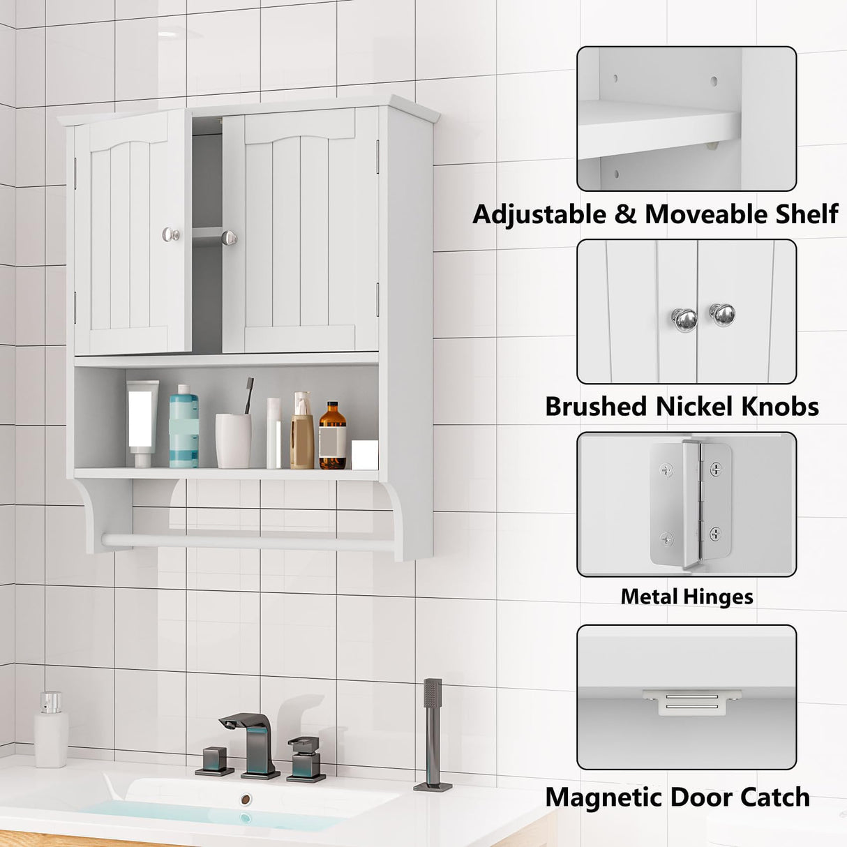 Mino Kesper Bathroom Wall Cabinet, Bathroom Cabinet Wall Mount with 2 Doors and Open Shelf, Over The Toilet Wall Storage Cabinet, Bathroom Medicine Cabinet Mino Kesper