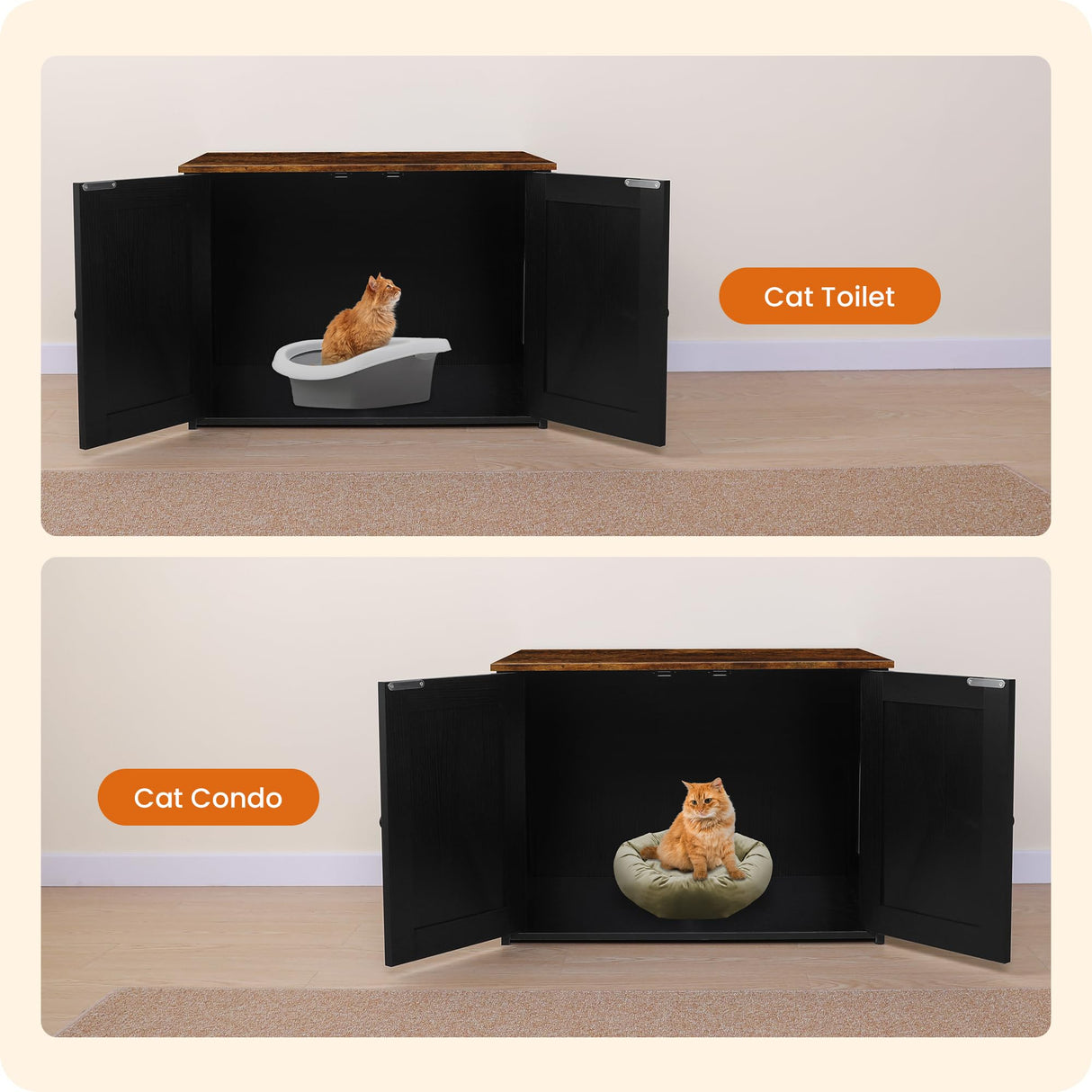 Dwanton Litter Box Enclosure, Cat Litter Box Furniture Hidden, Reversible Entrance Can Be on Left or Right Side, Wooden Cat Washroom Indoor, Black and Rustic Brown, 27.6 Inches Dwanton