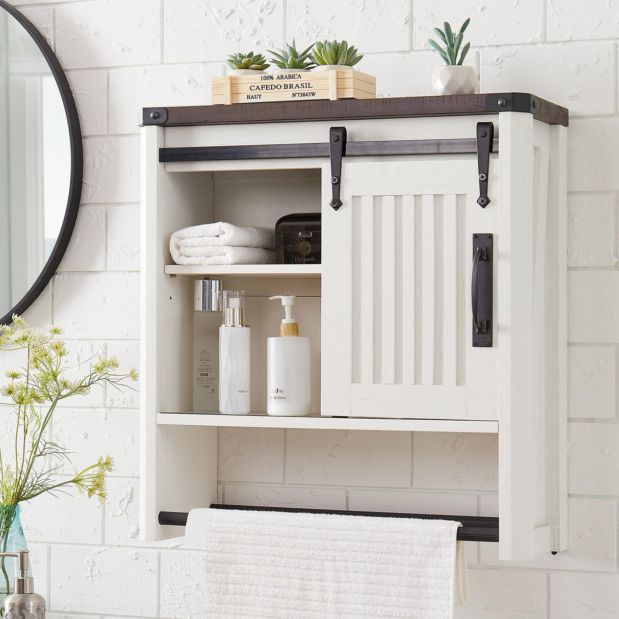 Bathroom Wall Cabinet, Farmhouse Medicine Cabinet with Sliding Barn Door & Adjustable Shelves, Wall Mounted Storage Cabinet for Toilet, Kitchen, Living Room (Antique White) Minifeel