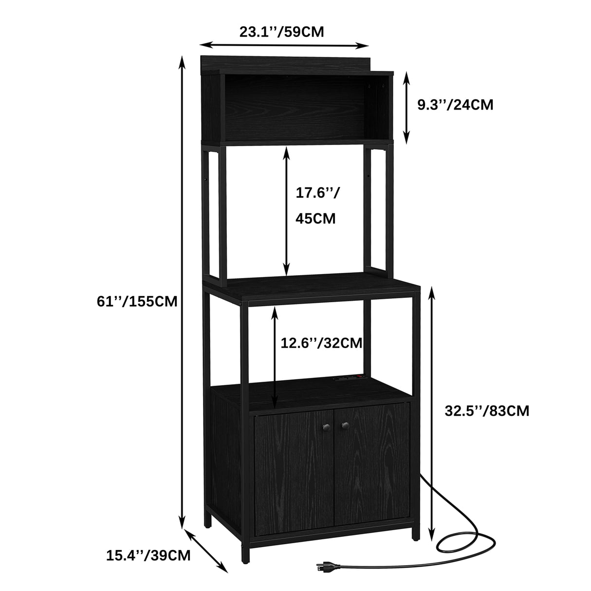 Furniouse 5-Tier Kitchen Bakers Rack with Power Outlet, Industrial Microwave Oven Stand with Storage, Kitchen Storage Shelf with Cabinet, Coffee cart, Standing Kitchen Storage Rack (Black) Furniouse
