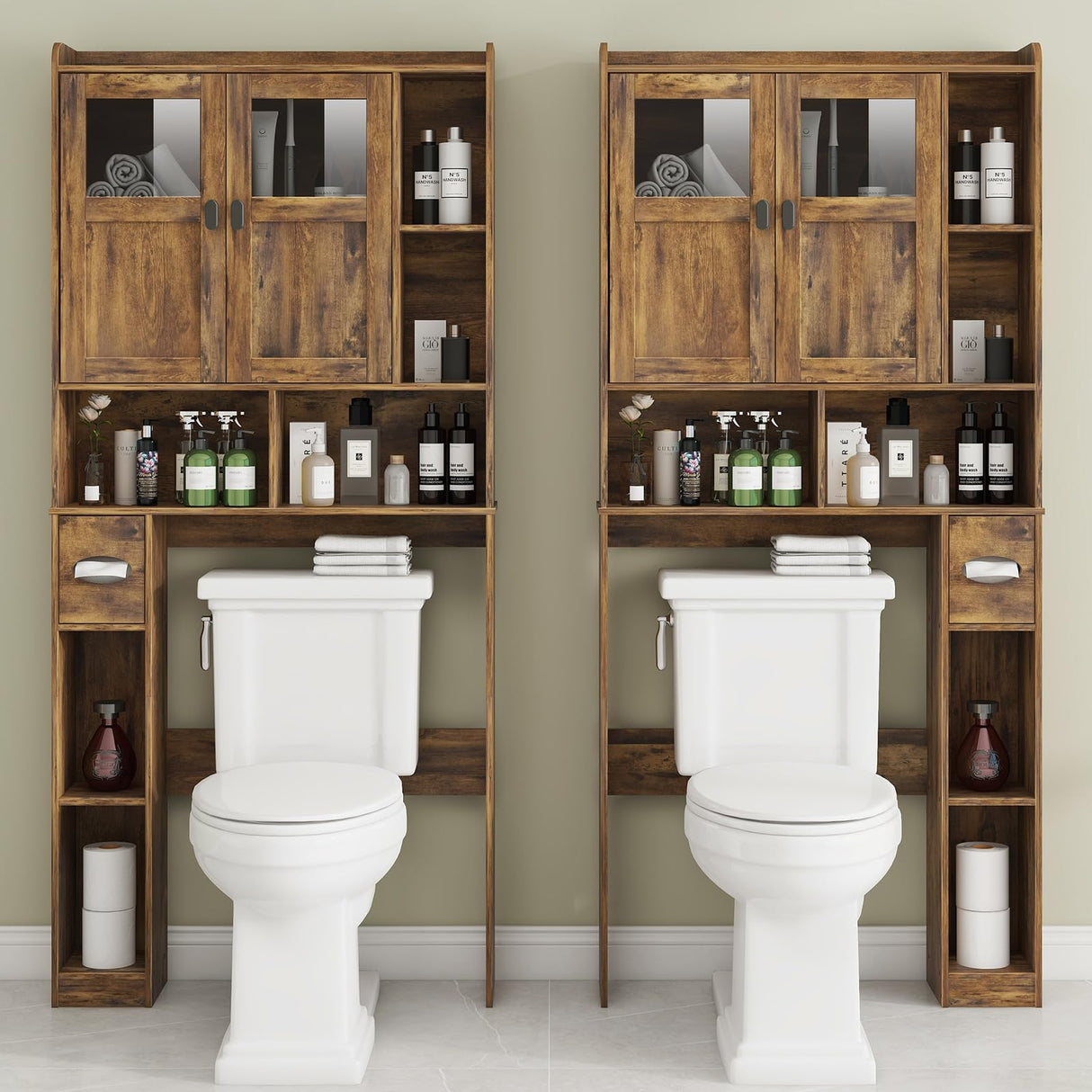 Vabches Over The Toilet Storage Cabinet, Bathroom Shelf Over Toilet with Glass Doors and Adjustable Shelves, Brown Freestanding Home Space Save Toilet Rack, for Restroom, Bathroom, Laundry Vabches