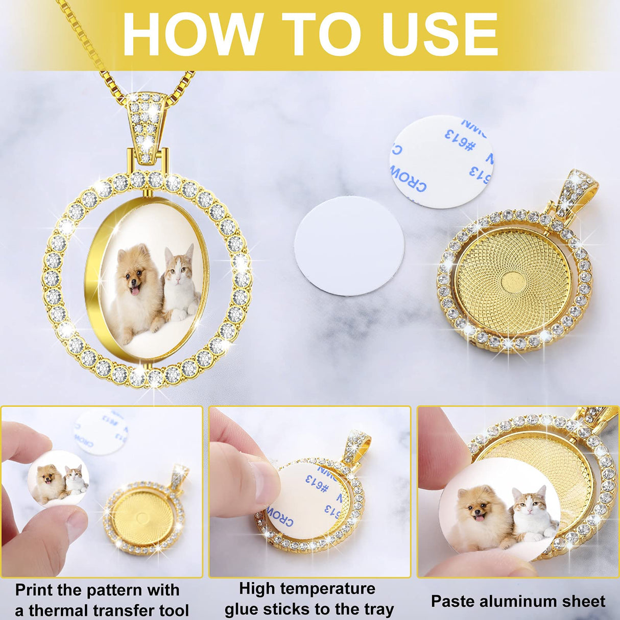 54 Pieces Rhinestone Bezel Pendant Trays Set Includes 9 Pieces Round Rhinestone Bezel Trays Double sided Blank Pendant Charm,9 Pieces Thick Chains with 18 Pieces Sublimation Aluminum Sheets and Glue MTLEE