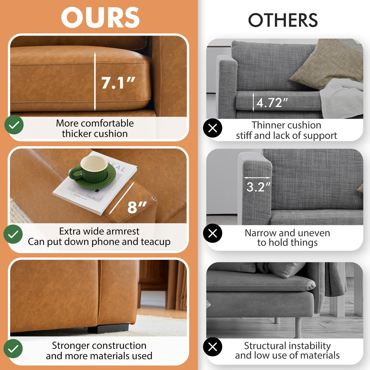 ELUCHANG 85" Luxury 3 Seater Sofa Couch for Living Room, Modern Upholstered Faux Leather Sofas Couches with Extra Deep Seats&Removable Cover, Comfy Sofa Couch for Small Space Apartment Lounge, Brown ELUCHANG