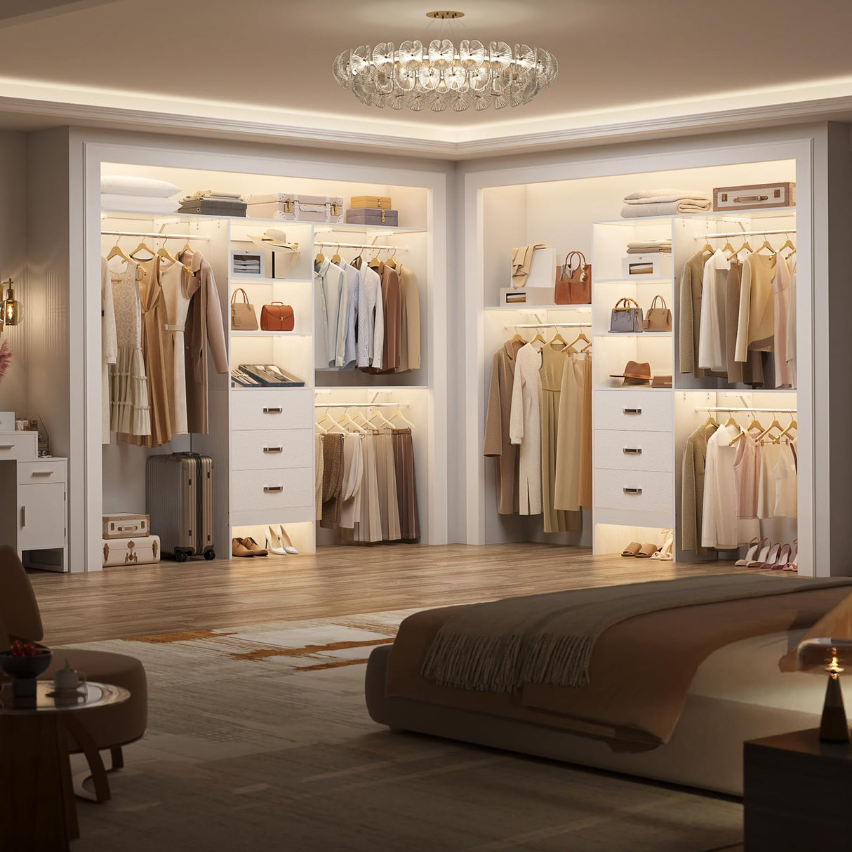 Besiost Closet System with Drawer - 8FT Wood Closet Organizer System with 3 Hanging Rods and Shelving Tower, 96" Walk In Closet Organizer Wardrobe, Heavy Duty Garment Rack Clothes Rack, White Besiost