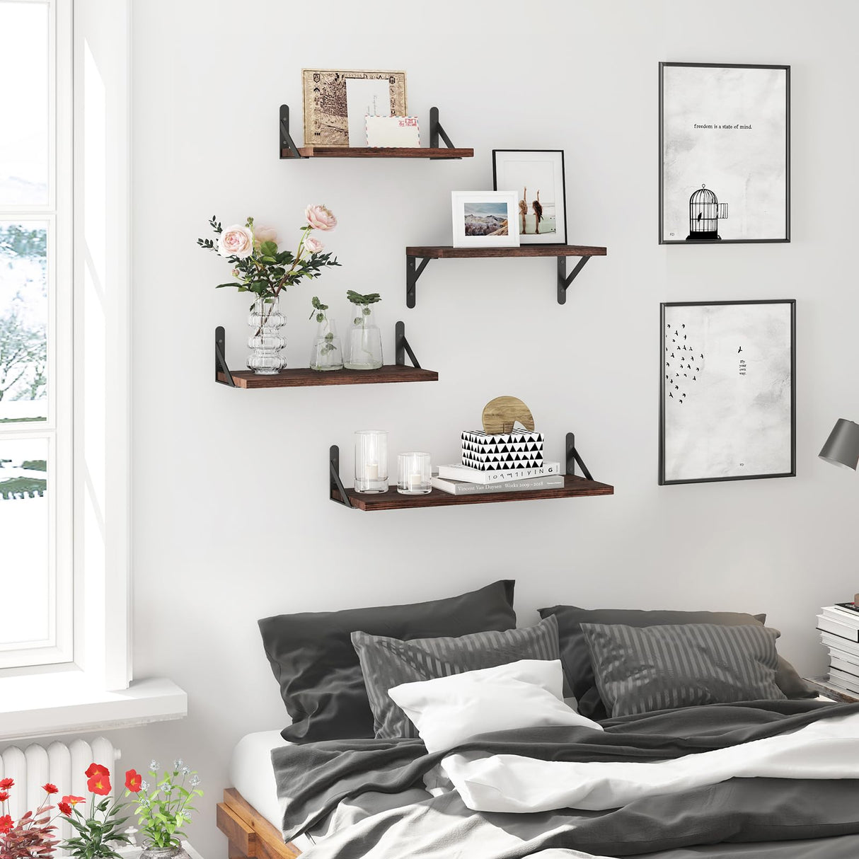 YGEOMER Floating Shelves, Rustic Wood Shelves, 4 Sets of Wall Mounted Shelf for Bathroom Decor, Bedroom, Living Room and Plants (Distressed Pine) YGEOMER