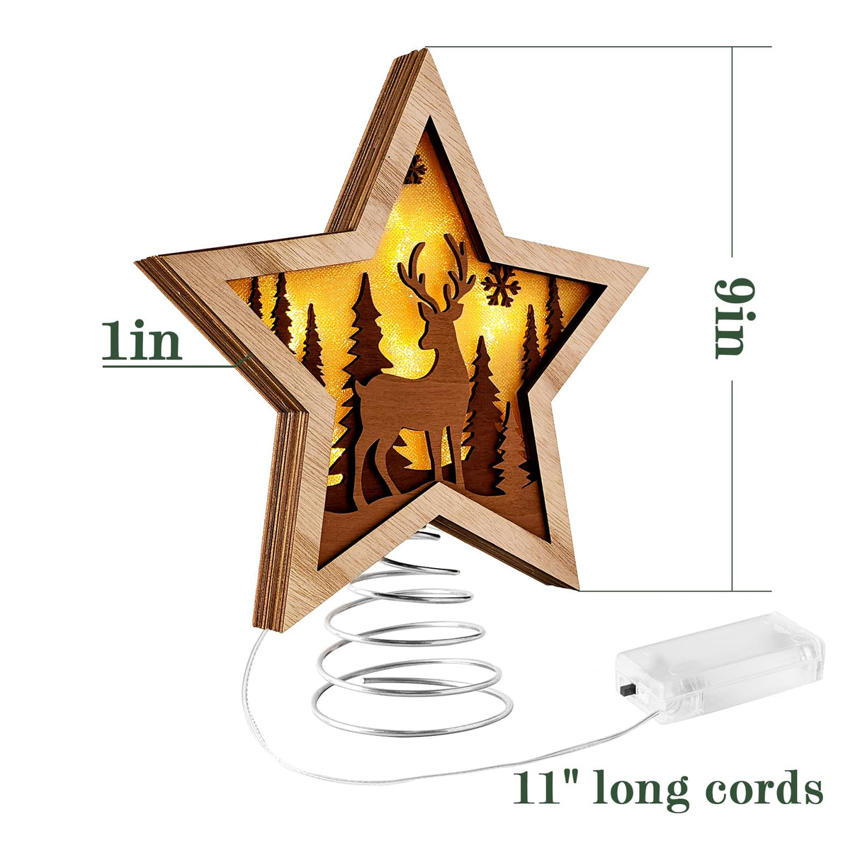 Treory Christmas Star Tree Topper, Rustic Reindeer Wooden Tree Toppers with Warm Lights, Battery Operated LED Christmas Tree Decorations, Christmas Tree Topper Star Lighted for Indoor Home Display Treory