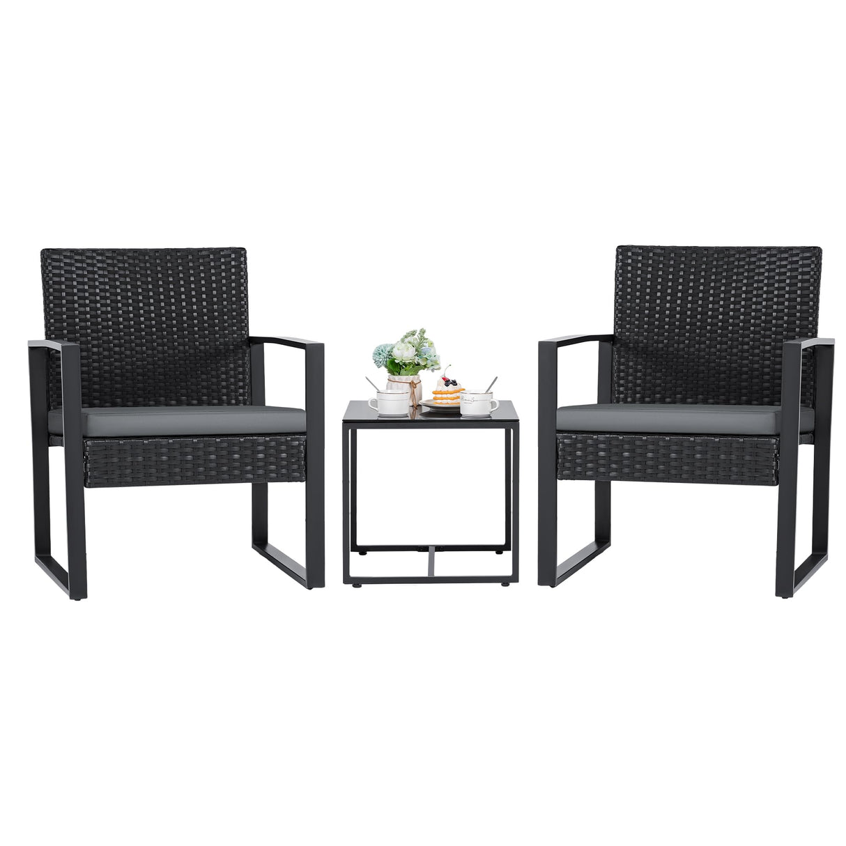 Flamaker 3 Pieces Patio Set Outdoor Wicker Furniture Modern Bistro Rattan Chair Conversation Sets with Coffee Table for Yard (Grey) Flamaker