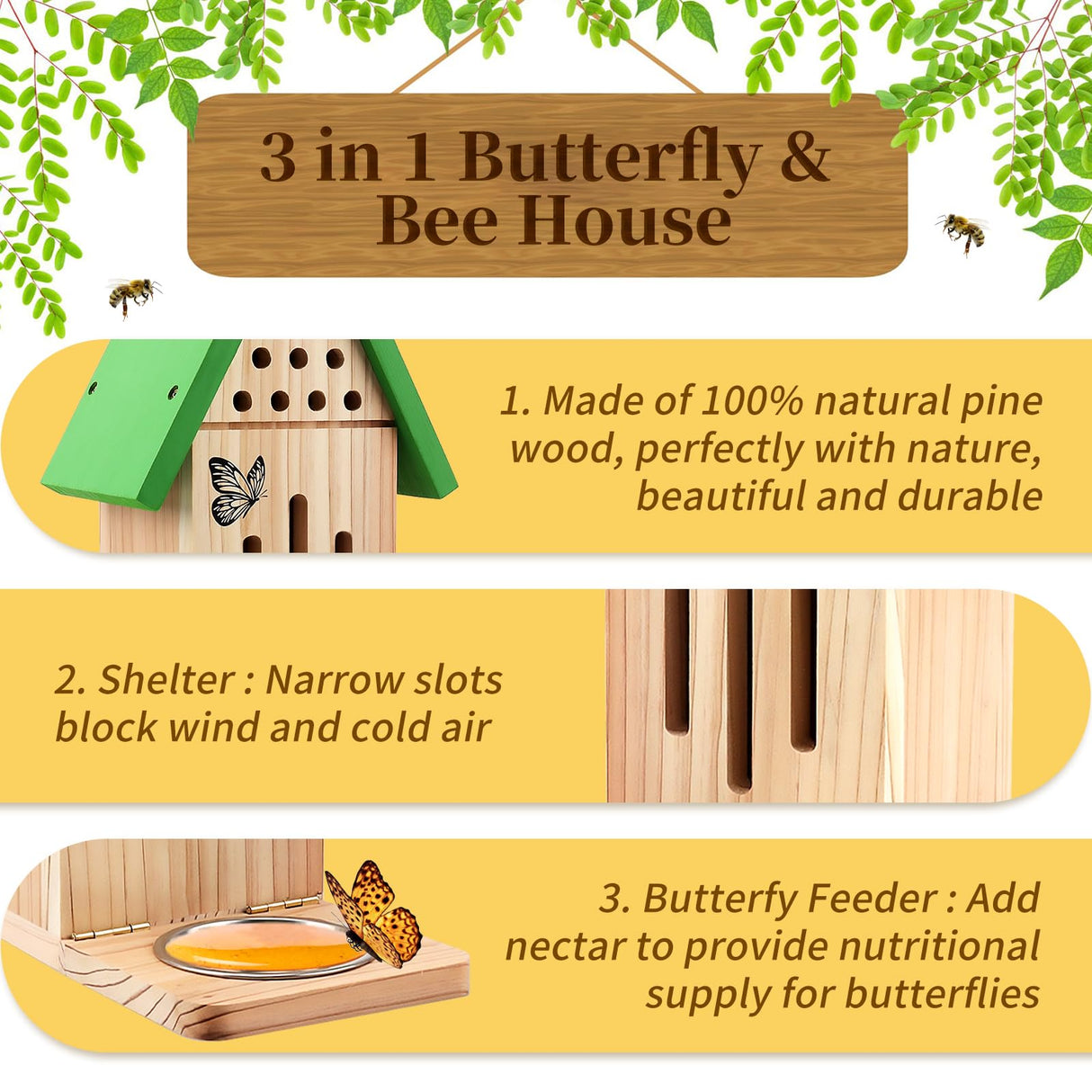 3-in-1 Butterfly House Feeder Bee House, Wooden Butterfly Houses for The Garden, Butterfly Feeders for Outdoors, Natural Butterfly Garden Kit Habitat with Puddler Beyoogeem