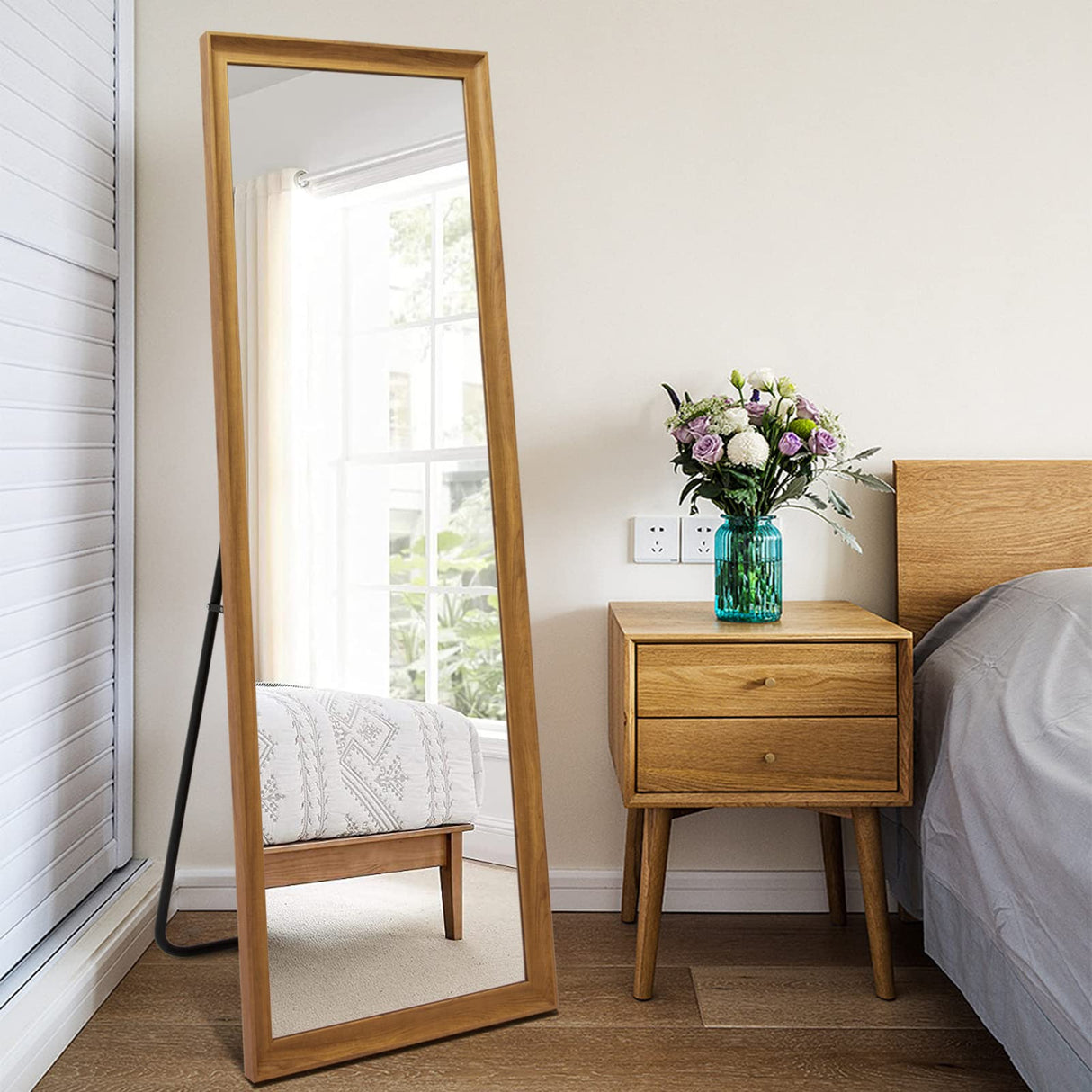 TheiaMo Full Length Mirror Wood Frame, 65×22in Floor Mirror Full Body Mirror with Standing Holder Hanging Wall Mirror, Stand Large HD Mirror, Dressing Mirror for Bedroom/Living Room, Dark Wood TheiaMo