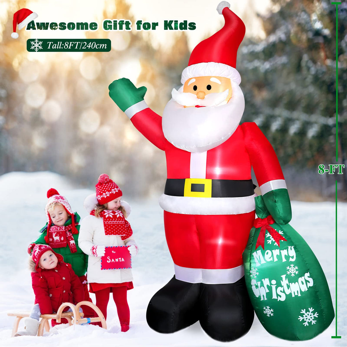 8 FT Christmas Inflatable Santa Claus Outdoor Decoration for Yard, Blow up Santa Decor with Big Gift Bag, Built-in LED Lights for Garden Patio Lawn Home Indoor Winter Holiday Party, IP44 Weatherproof FunFanso