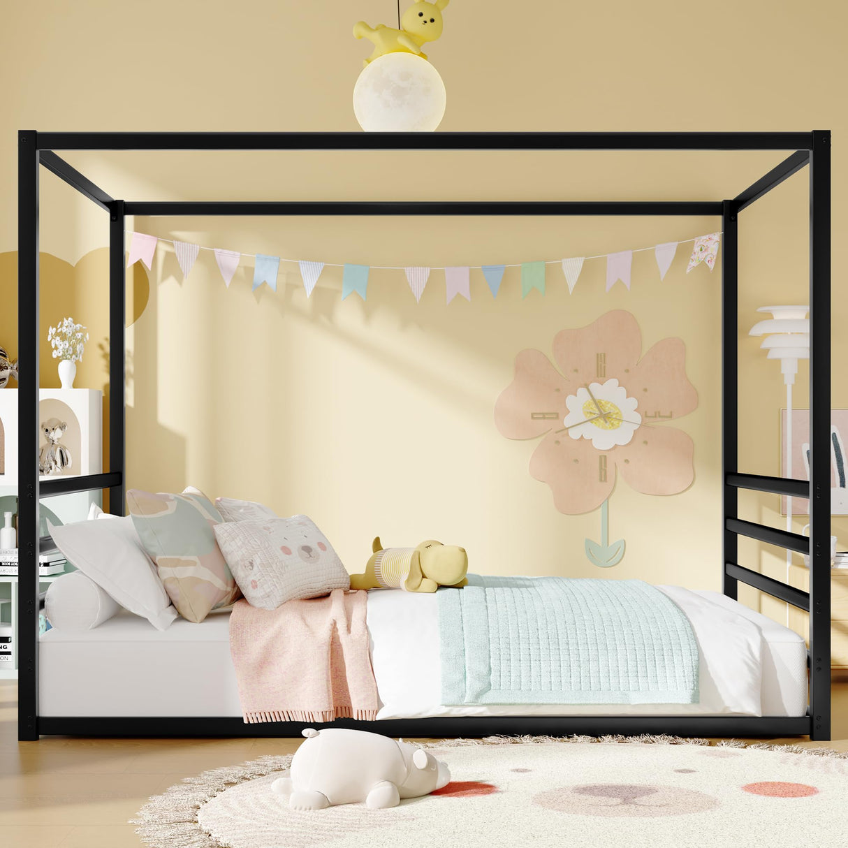 Bellemave Canopy Floor Bed with 4 Posters, Metal Queen Size Montessori Floor Bed with Headboard, Anti Bump Design, Easy Assemble Montessori Beds, Queen, Black Bellemave